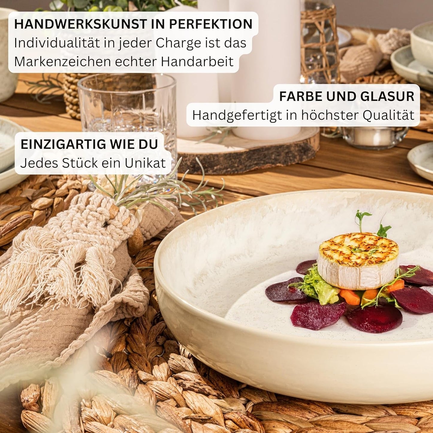 SÄNGER Key West | Stengods servisset 24-delat mattallrik set för 6 6 middagstallrikar spannmålsskålar Desserttallrikar Pasta skålar Cream serviser med sandig textur | VÄRDESAMLING