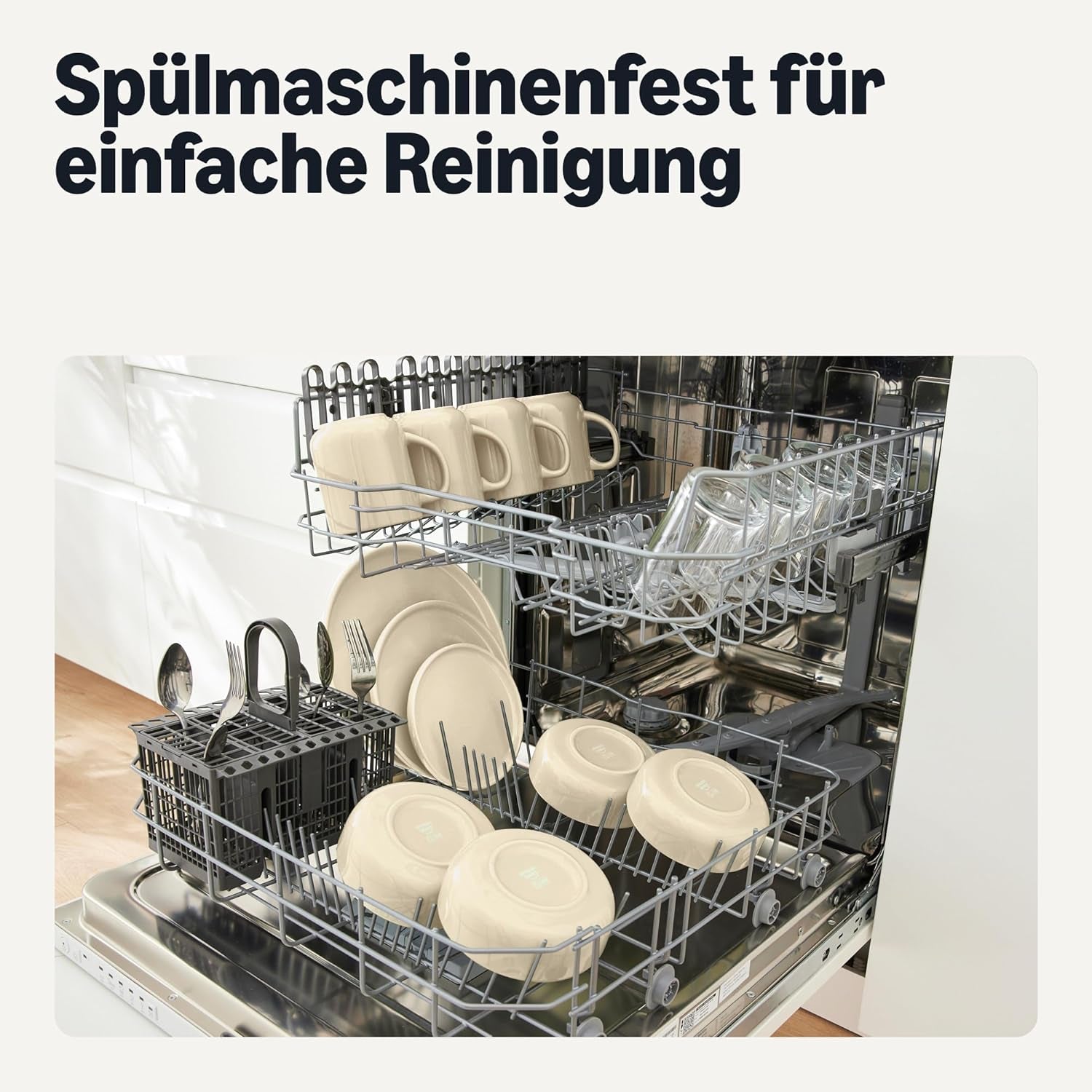 Amazon Basics glaserat stengods servisset, 18 delar, 6 kompletta set, diskmaskinssäkert, elfenben
