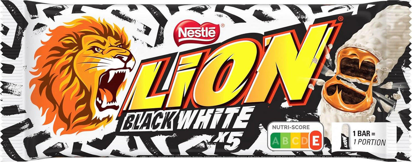 LION Black & White chokladkaka, ett mellanmål med intensiv smak, krispig choklad och krispiga chips, browniefyllning, en unik upplevelse att vattnas i munnen, 1 förpackning (5 x 30g)