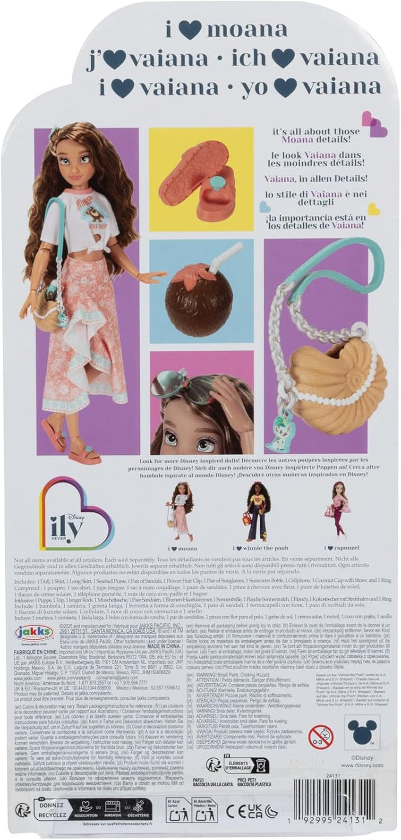 Vaiana docka med tillbehör, 29cm, 13 artikulationspunkter, officiellt licensierad av Jakks Pacific. Komplett med kombinerbara tillbehör och en gnistrande Mickey-ring!