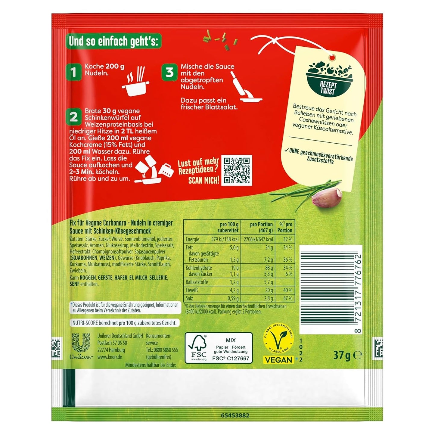 Knorr Fix Vegan Carbonara für eine leckere vegane Pasta ohne geschmacksverstärkende Zusatzstoffe 2 Portionen