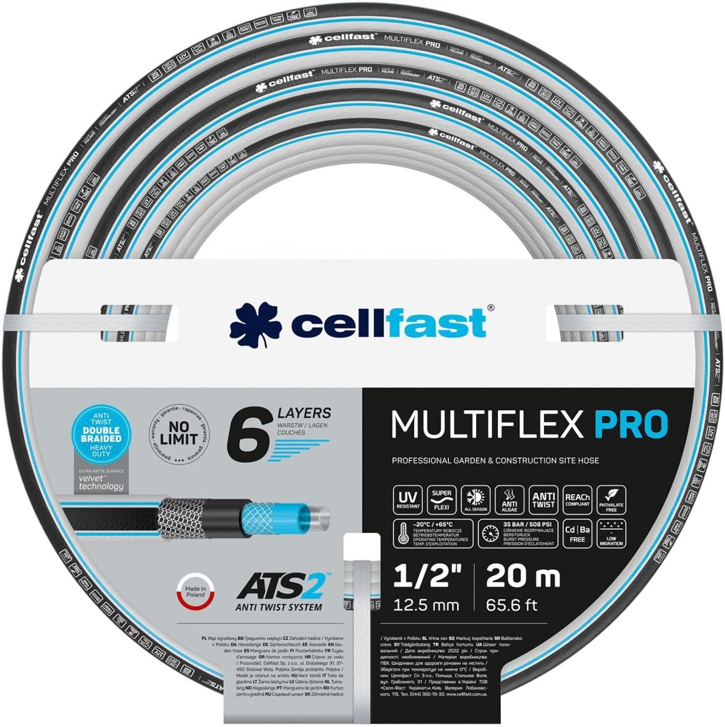 Trädgårdsslang Cellfast MULTIFLEX PRO, slitstark, 6-lagers, ATS2 stickad fläta, UV- och algbeständig, tungmetallfri, sammetsteknik, 35 bar, -20/+65°C, 3/4", 30m