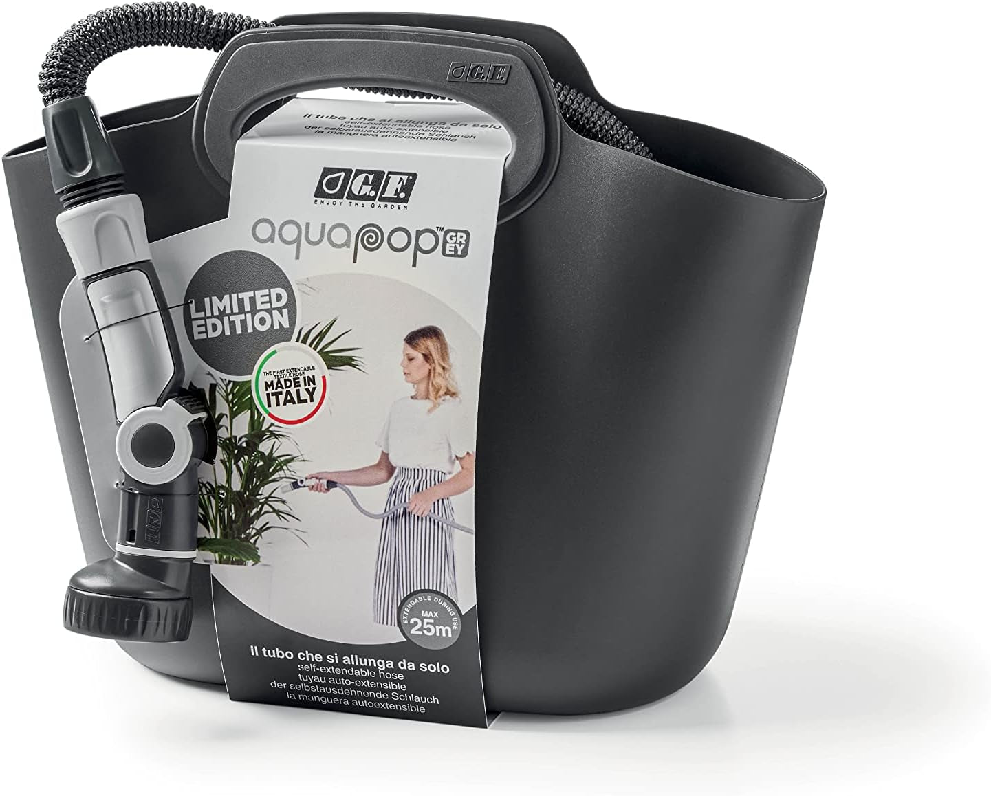 GF SRL, Aquapop Grey Limited Edition med 25m självförlängande textilslang Tillverkad i Italien, mjuk plastpåse, munstycken och kopplingar Lancia 8 för trädgårdsbevattning, mörkgrå