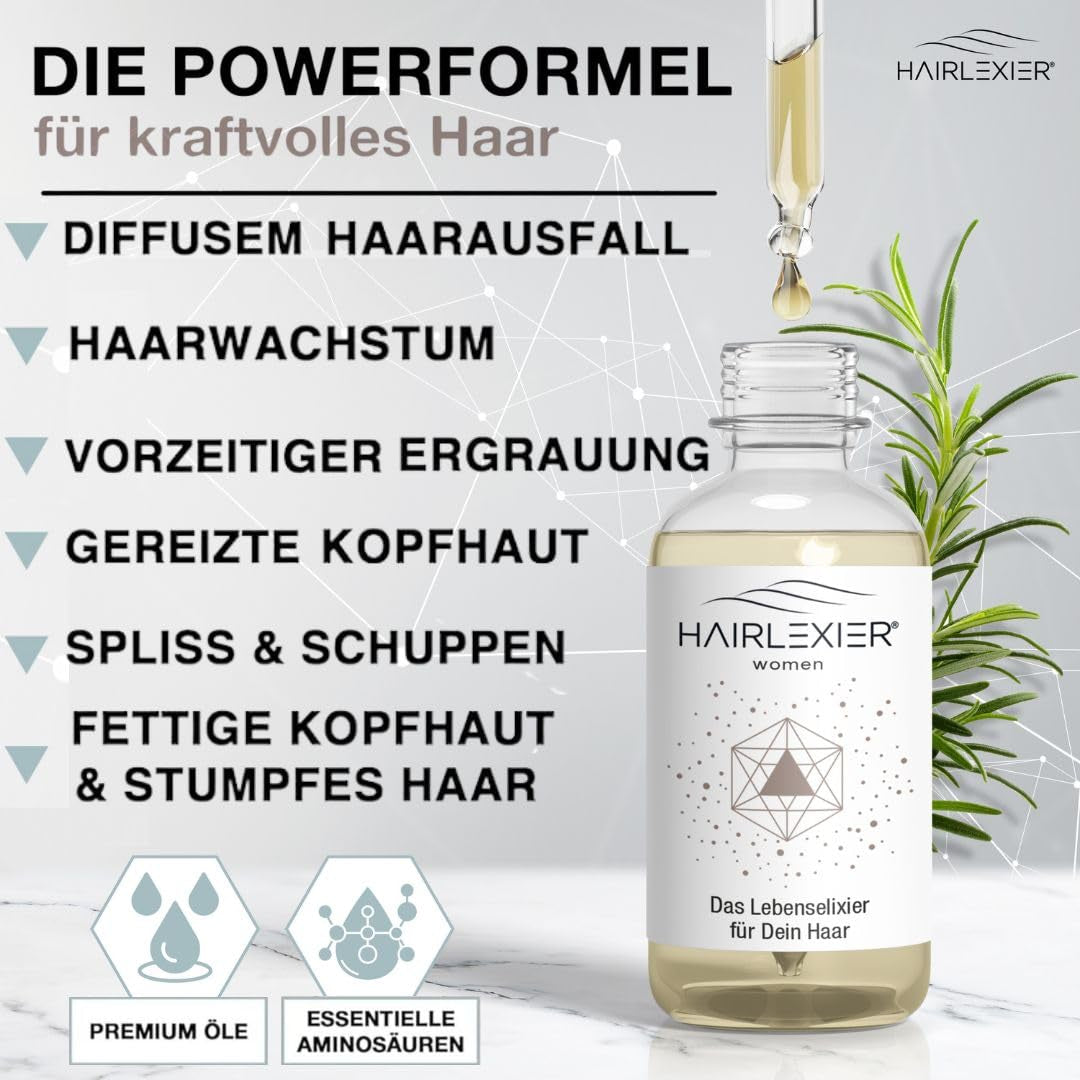 Hairlexier Hair Growth Remedy for Women - Rosmarin Hårolja, Ricinolja Hårolja, Lavendelolja, Naturligt hårserum mot diffust håravfall, Stödjer hårväxt, Vegansk & Ekologisk + Arbetsbok Hårvård Naty Shop