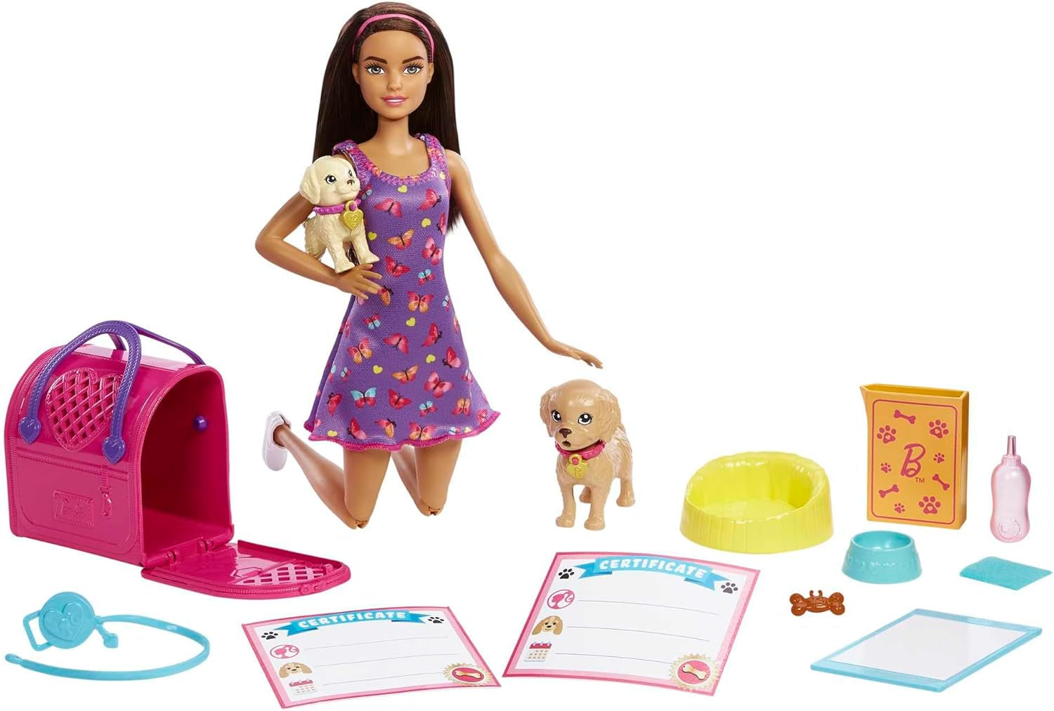 Adoption Barbie Puppy - Docka och 2 valpar, med adoptionscertifikat, färgbyteseffekt, bur och tillbehör, för barn från 3 år och uppåt, 86 HKD
