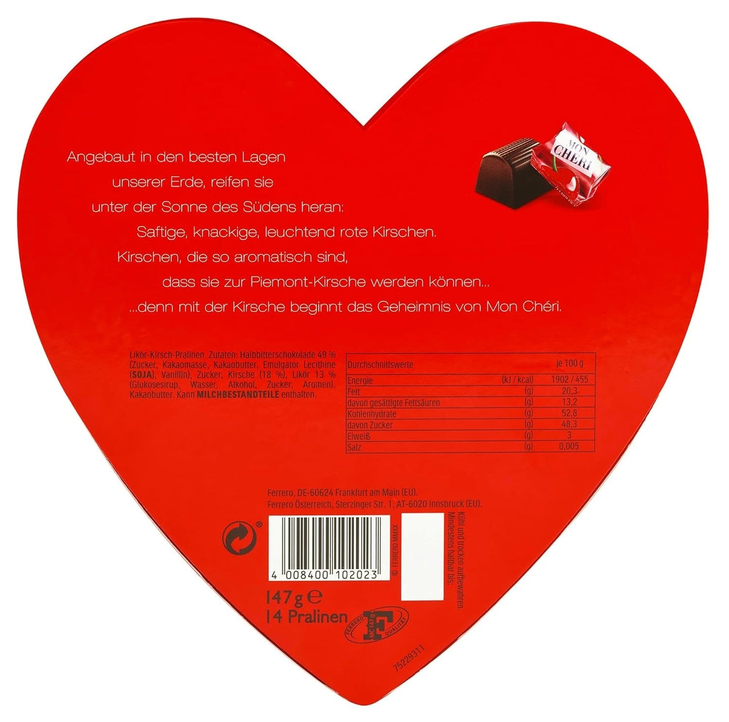 Ferrero Mon Chéri Heart - Alla hjärtans dag chokladpresent till honom och henne - knaprig choklad, fruktig likör och smaksatta körsbär - till alla hjärtans dag, mors dag och påsk - 1 förpackning 147g