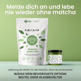 Purechimp Matcha-pulver av ceremoniell kvalitet 50 g. 100 % ren nyansodlat tepulver för lattes, infusioner och recept. Återvinningsbar burk. Rik på antioxidanter.