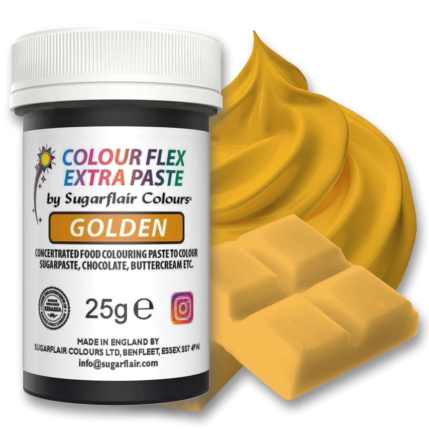 Matfärgspasta Sugarflair Colourflex Extra Paste Golden - Ätbar matfärg för smörkräm, choklad, sugarpaste, glasyr, fondant, kakmixar, deg med mera - 25g
