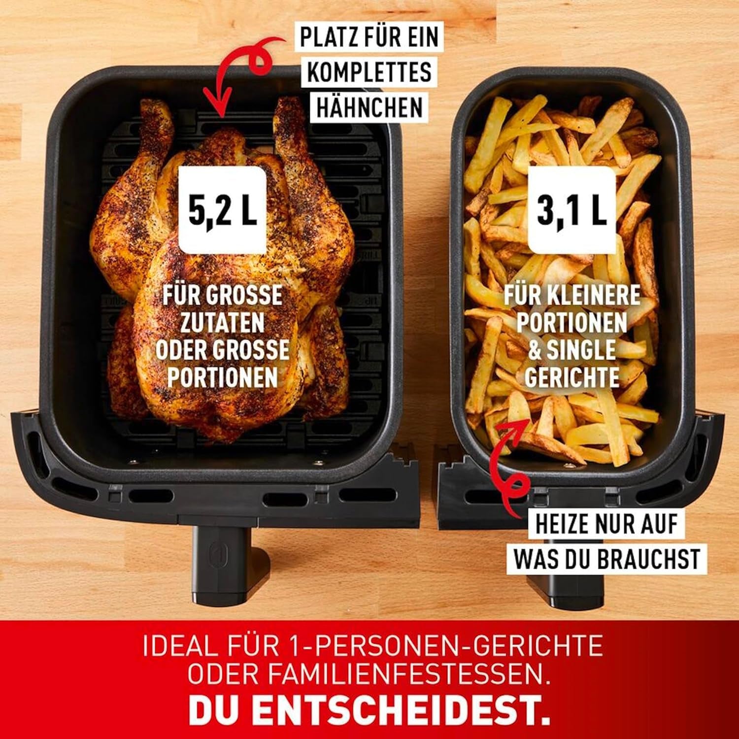 Tefal Dual Easy Fry Hot Air Fryer med två kammare, 5,2/3,1 liters kapacitet, två oberoende lådor, 7 program Hushållsapparater Naty Shop