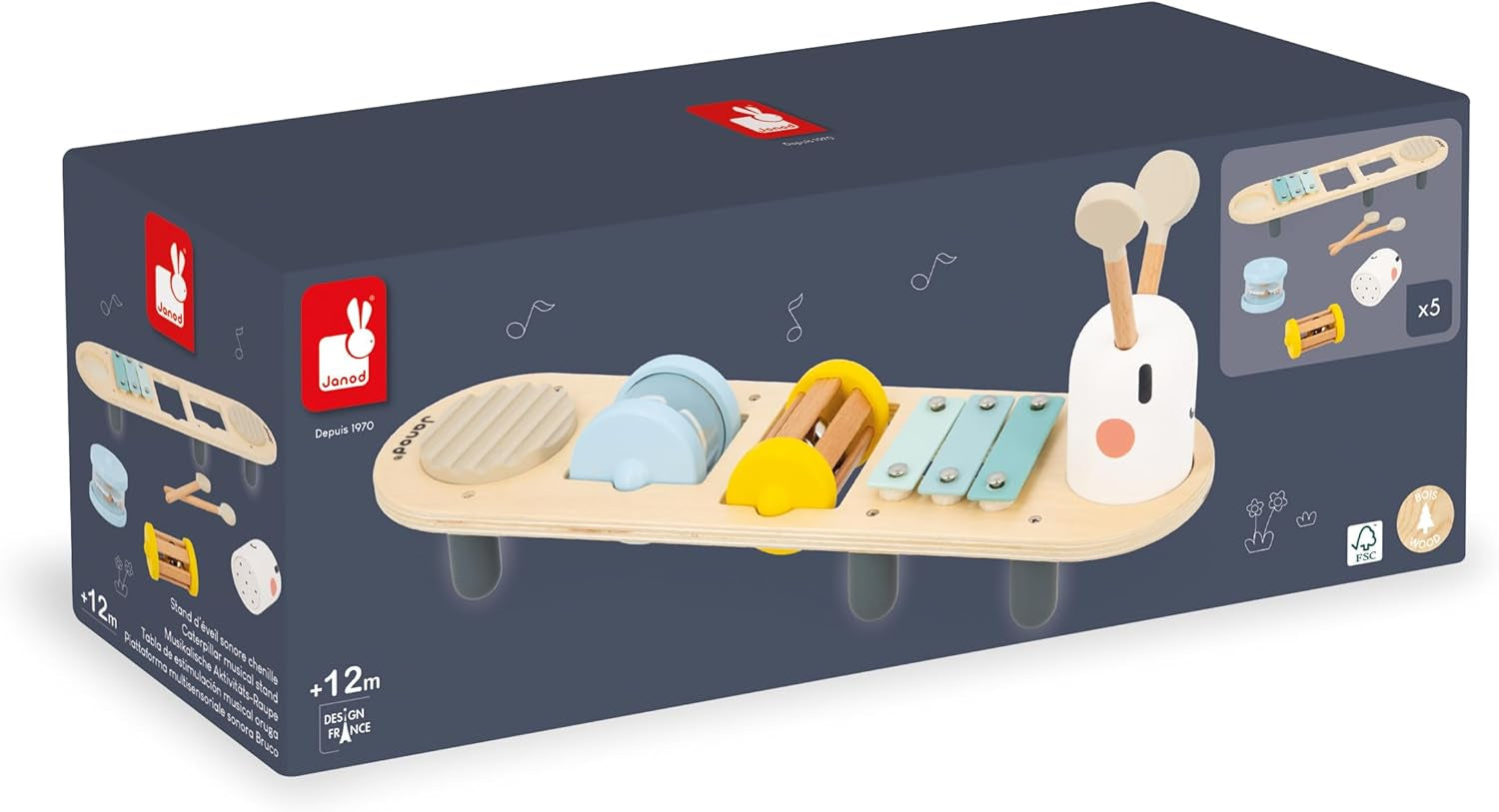 Janod - Sweet Cocoon musikaliska spår - 5 musikaktiviteter för barn - Tidig musikalisk utbildning - FSC träleksak - Från 12 månader, J04058 Baby Toys Naty Shop