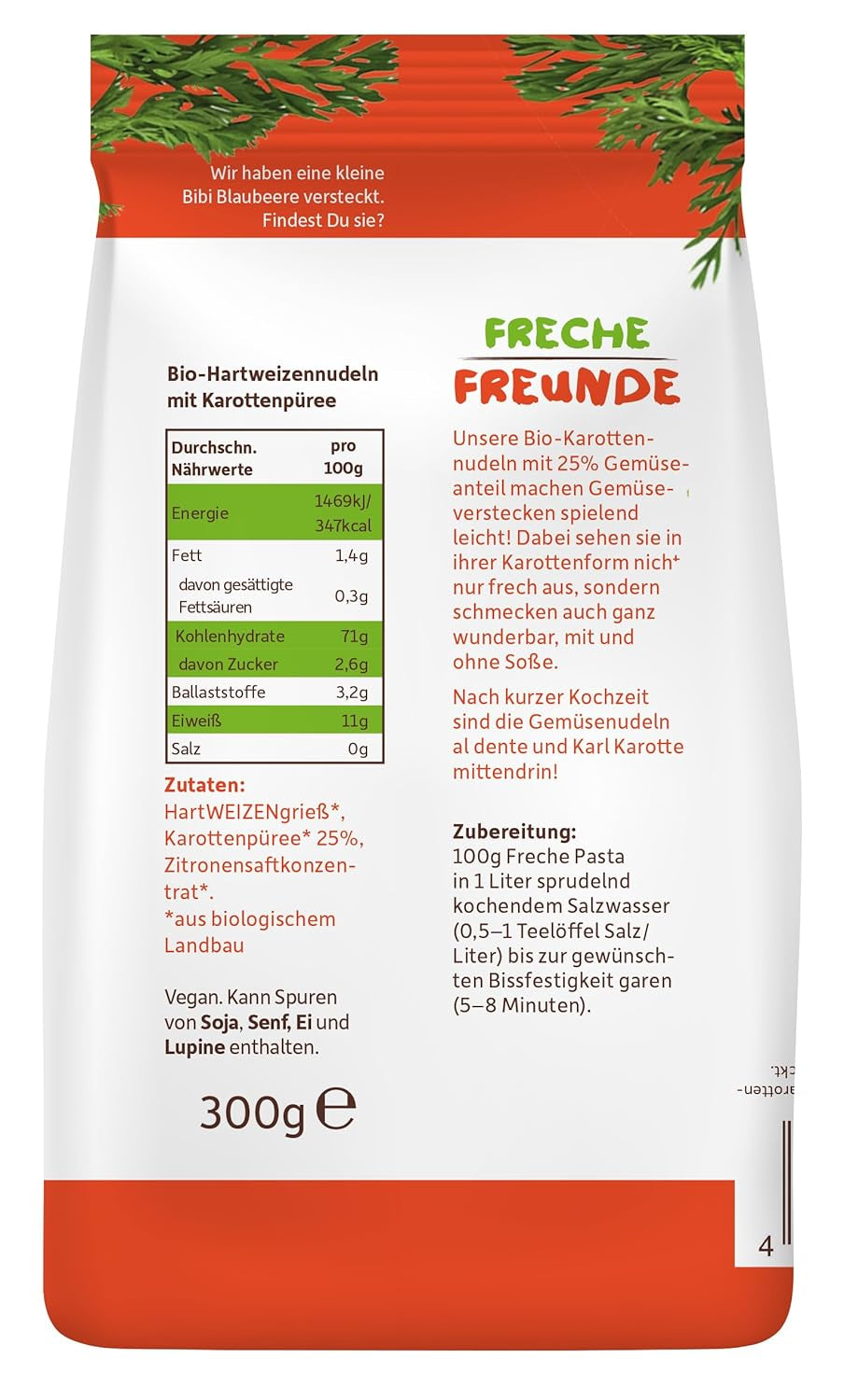 Freche Freunde Ekologiska grönsaksnudlar 'morot' 25 % grönsaksinnehåll Vegansk 6-pack (6 x 300 g)