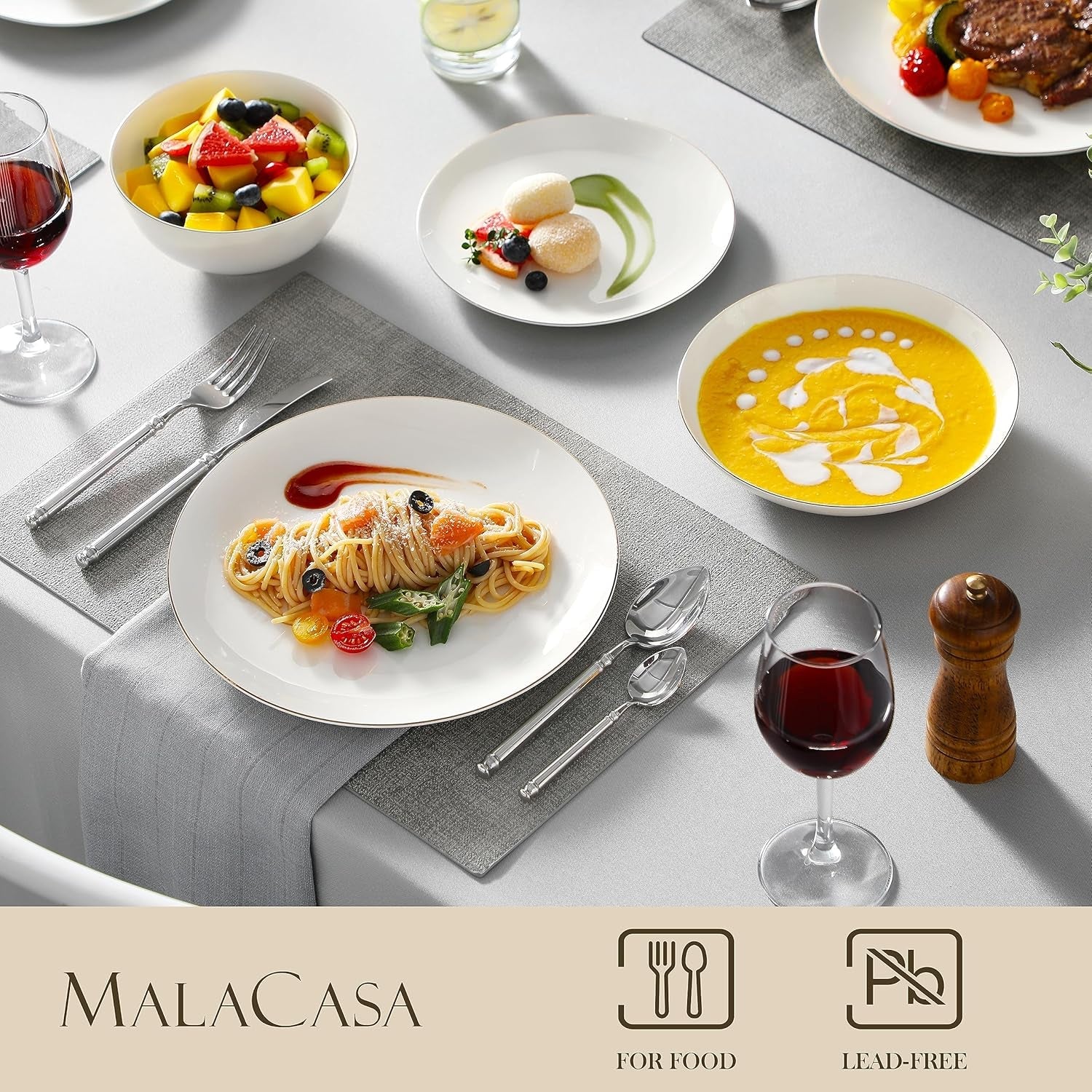 MALACASA 4-personers servisset Bone China 16-delat servisset runt vitt med guldkant Kombinationsset med 4 middagstallrikar 4 desserttallrikar 4 sumatallrikar och 4 spannmålsskålar NORI-serien