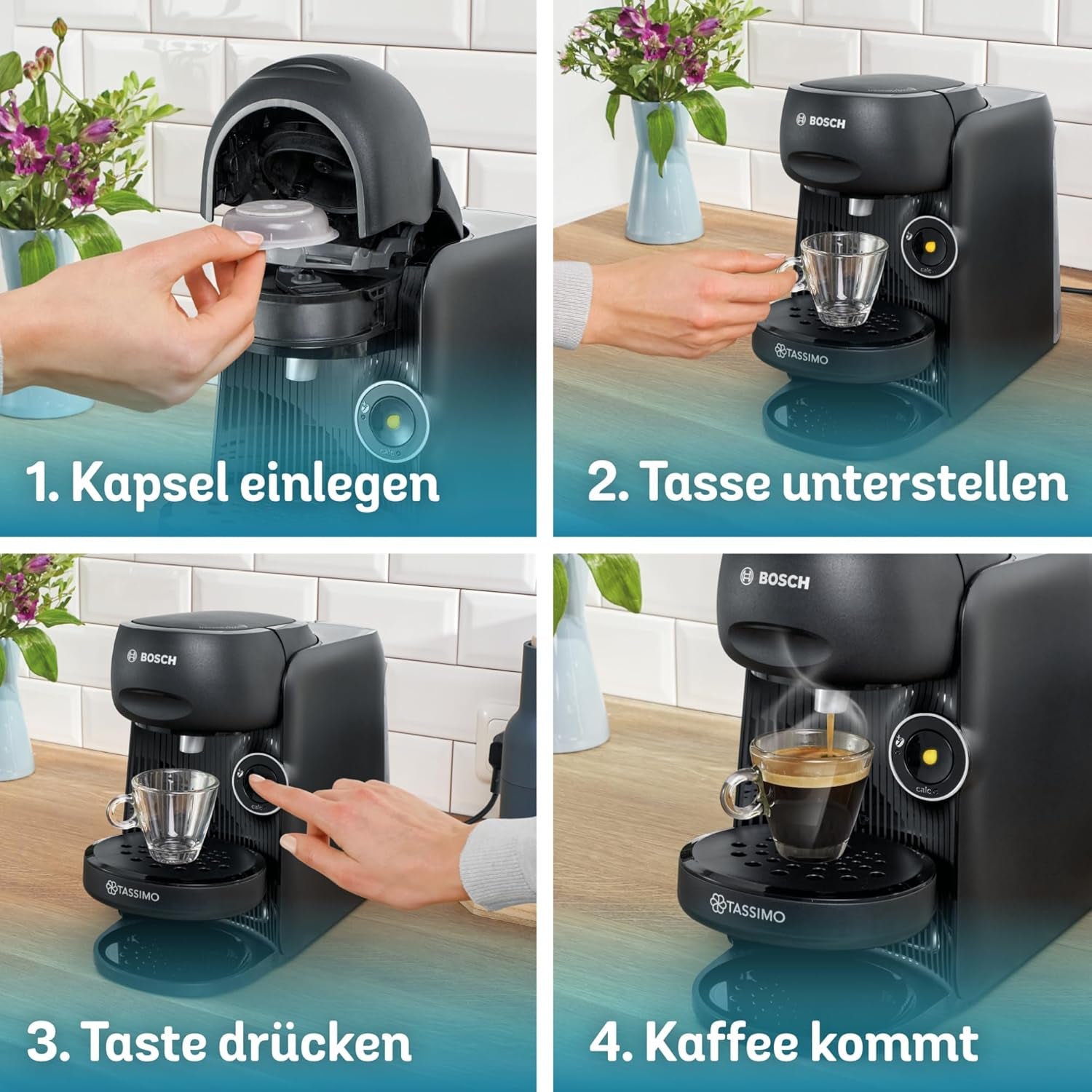 Bosch Tassimo finess TAS162E kapselespressomaskin, 70 drycker, intensivare kaffe med en knapptryckning, automatisk avstängning, hållbar, perfekt dosering, 1400 W, svart/svart