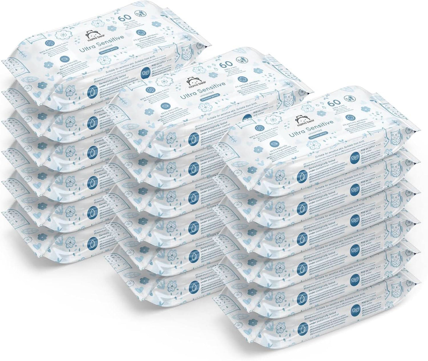 Mama Bear Ultra Sensitive Baby Wipes Doftfri 1008 Antal (18 förpackningar om 60) Naty Shop