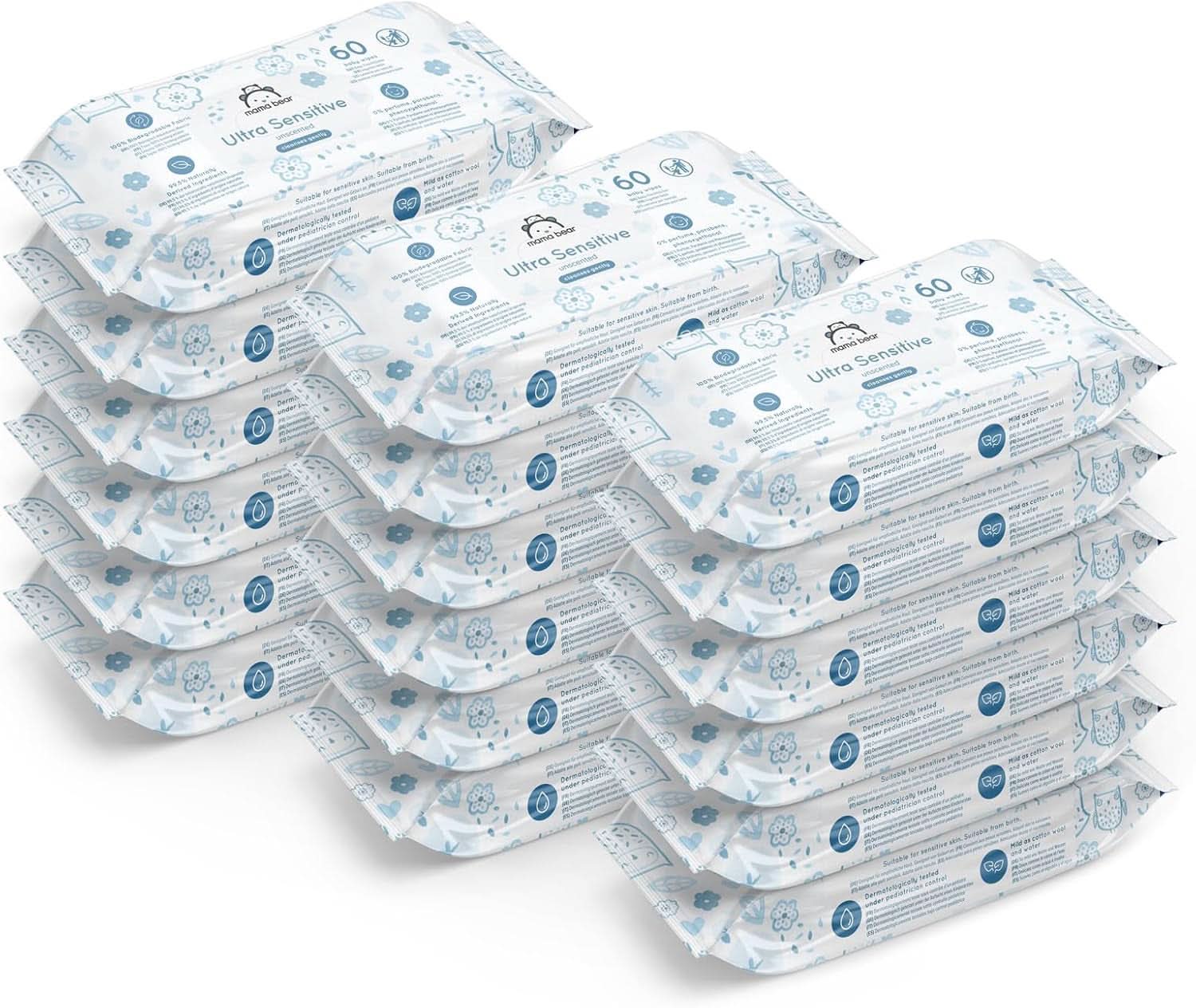 Mama Bear Ultra Sensitive Baby Wipes Doftfri 1008 Antal (18 förpackningar om 60) Naty Shop