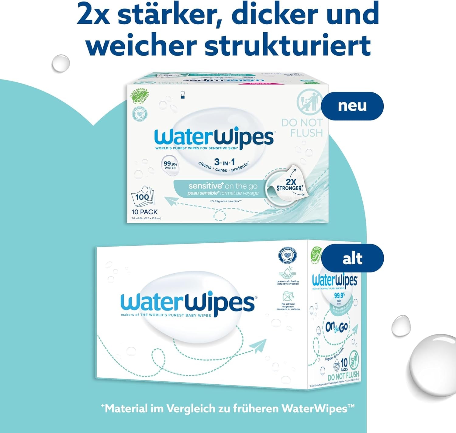 WaterWipes Sensitive+ On The Go våtservetter, 100 våtservetter (10-pack), 3 i 1 rengöringar, vårdar, skyddar, 99,9 % vatten, parfymfria våtservetter