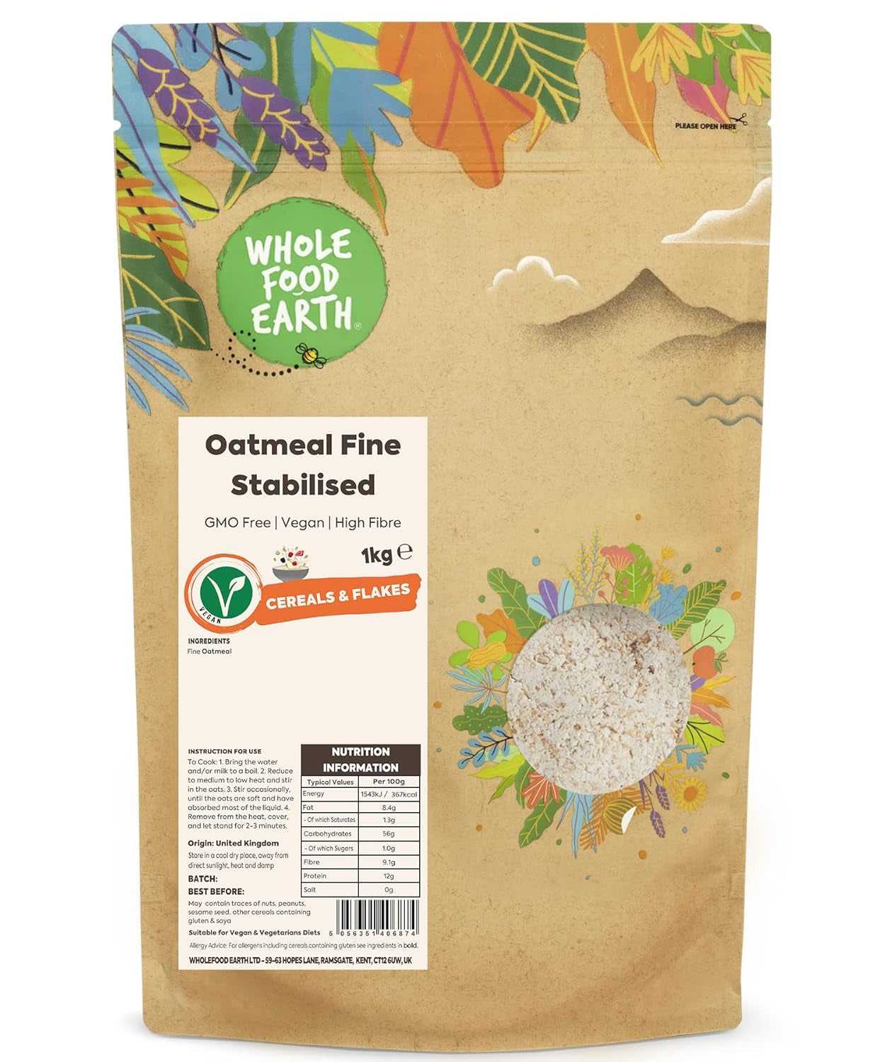 Wholefood Earth Fine Oats - icke-GMO - vegan - mjölkfri - utan tillsatt socker 1 kg