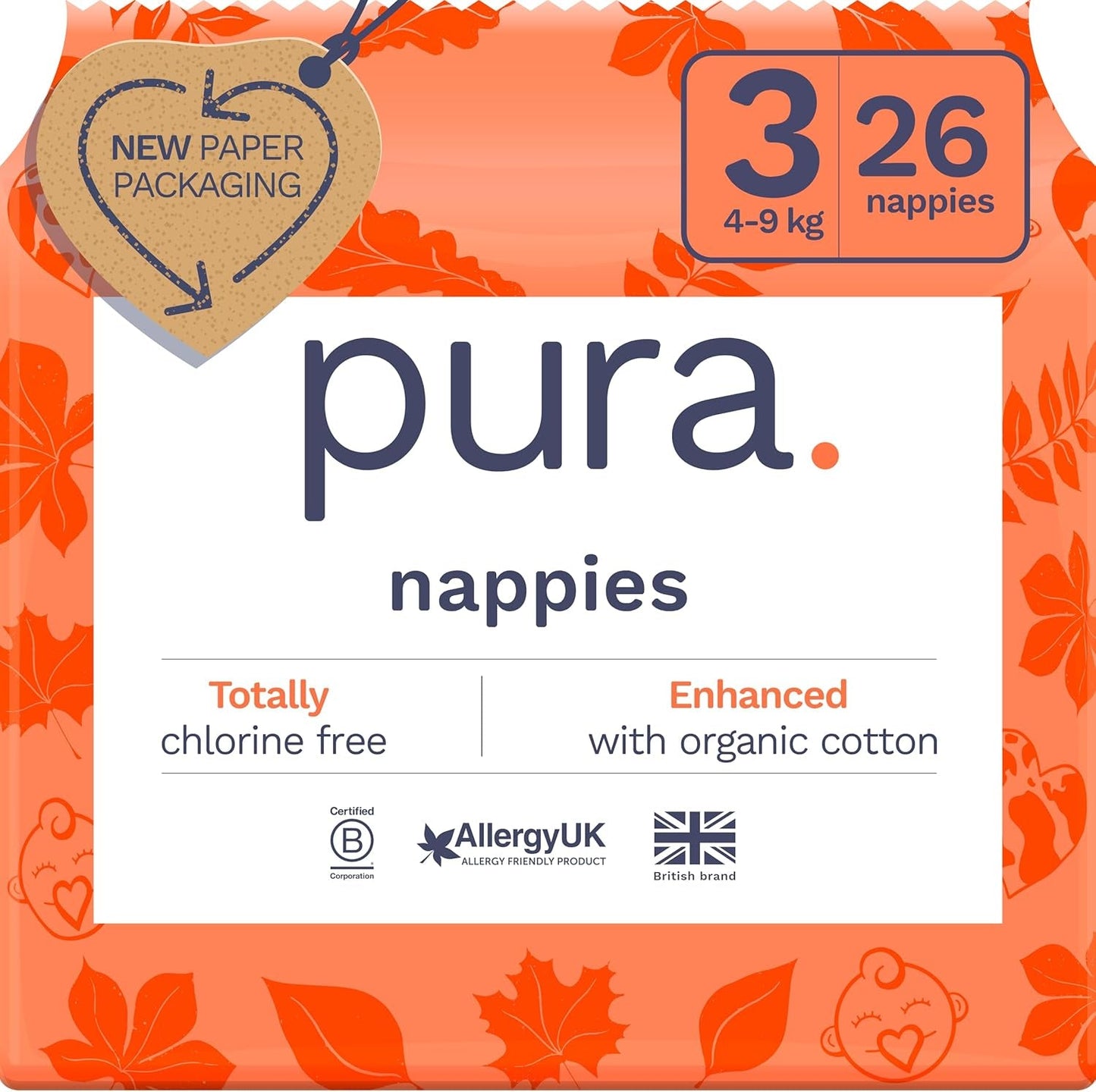 Eco babyblöjor - storlek 3 (4-9 kg), 1 förpackning (26 blöjor), ultramjuka blöjor för känslig hud, ekologisk bomull, upp till 12 timmars läckageskydd, ny storleksguide