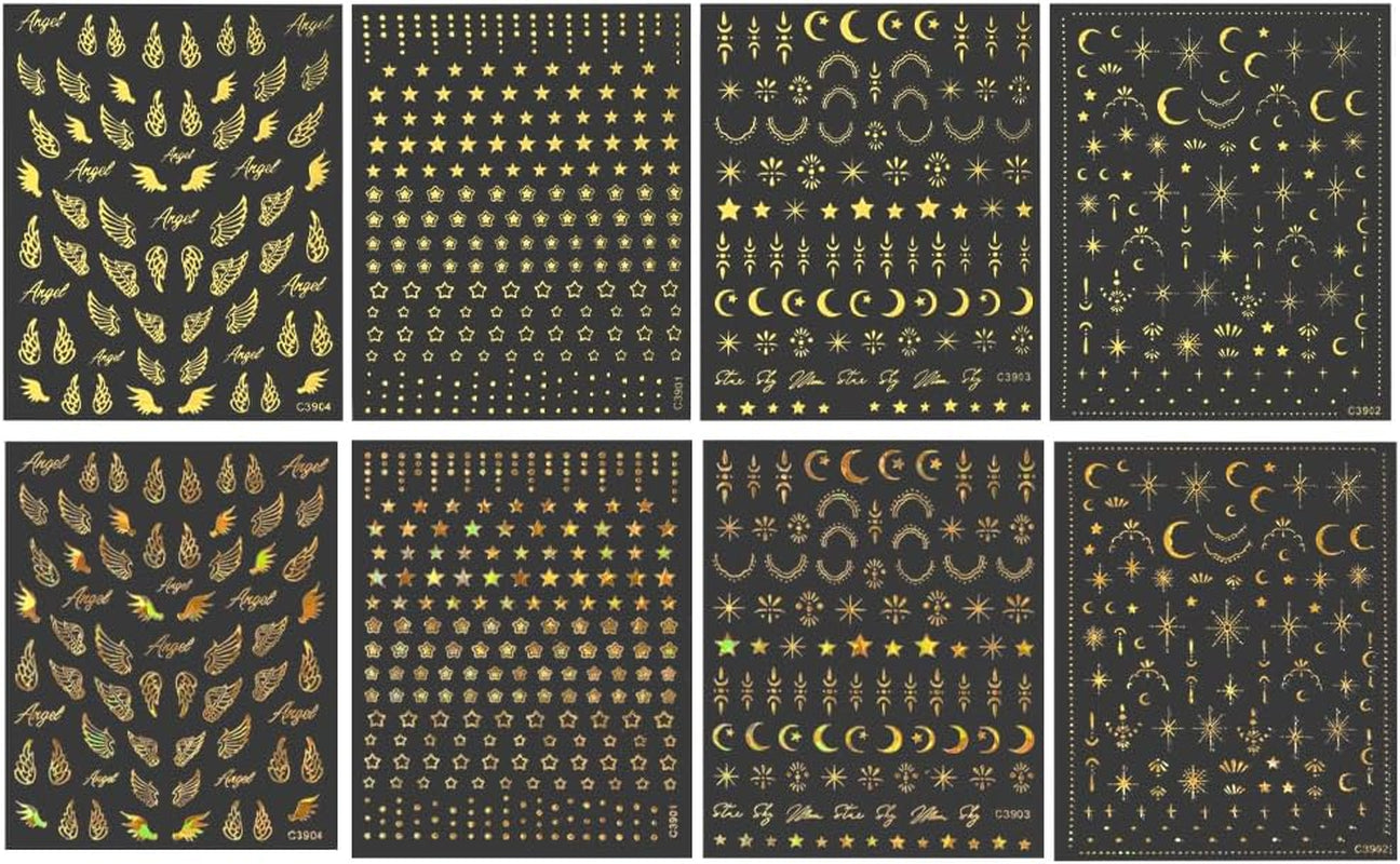8 ark Guld Måne och stjärnor Nail Art Stickers Angel Wings Tan Guld Nail Stickers Stars Nagelfolier Självhäftande nagelklistermärken Nageldesign Tillbehör Nagelklistermärken