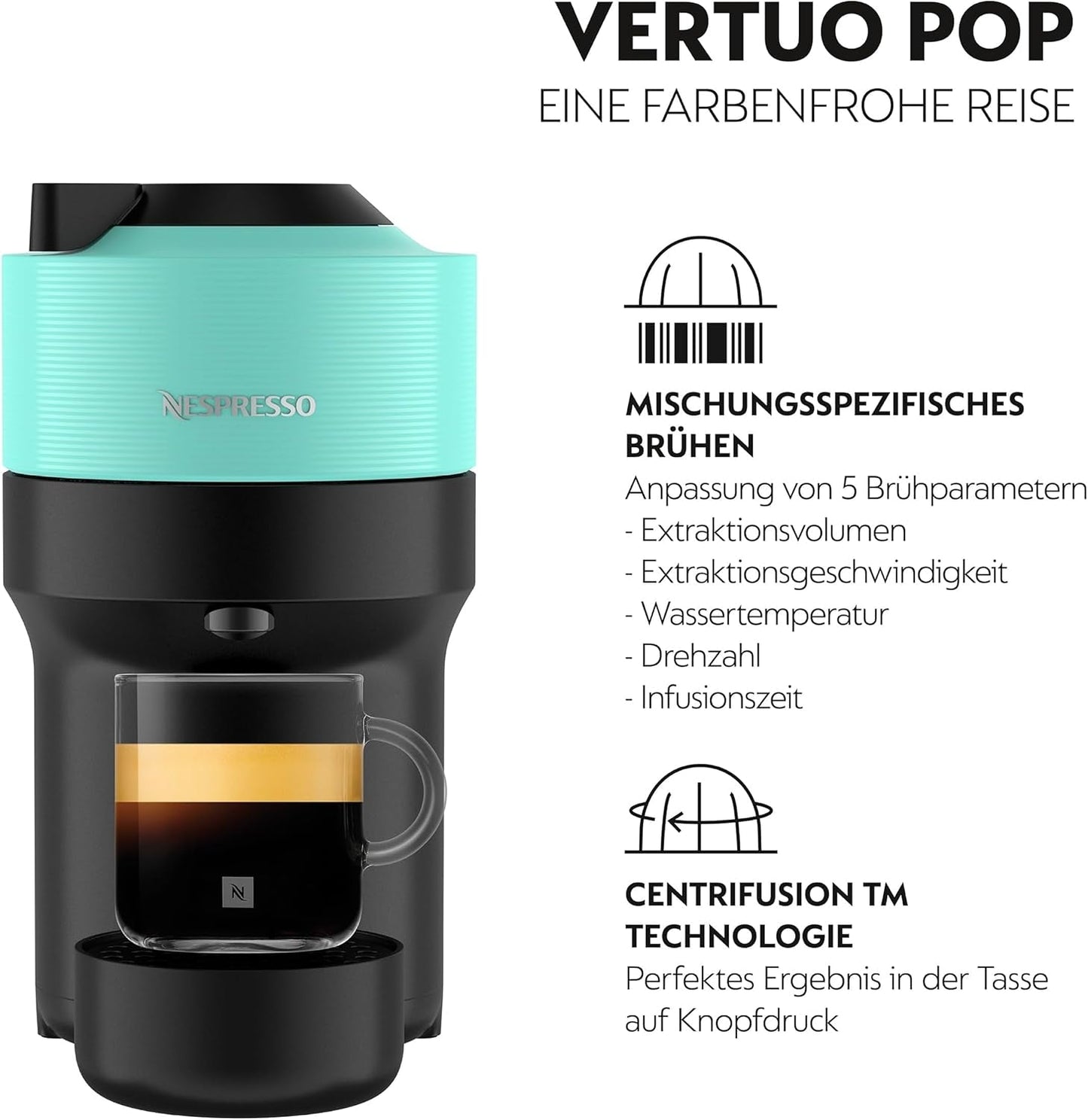 Espressomaskin med Nespresso Krups Vertuo Pop-kapslar, kapacitet: 560 ml, automatisk kapseligenkänning, one-touch-system, 4 koppstorlekar, förkortad uppvärmningstid, hållbar, Aqua Mint, XN9204