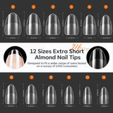 Modelones Nail Tips 216 bitar - Heltäckande Nail Tips Set, Soft Gel Tips Set, Pre-Polishing PMMA Resin Nail Tips, DIY Lime On Nail Art konstgjorda naglar, korta mandlar XS