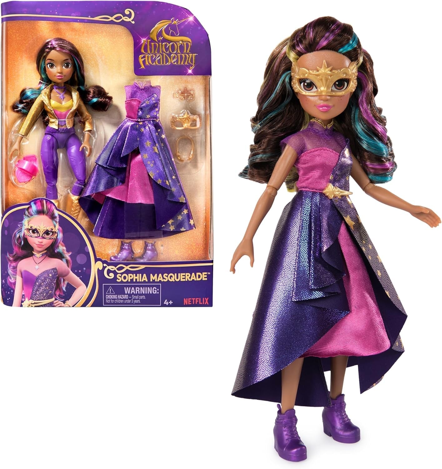 Unicorn Academy Deluxe Masked Ball Sophia - 24 cm docka från den populära Netflix-serien med 2 outfits, klassisk dress-up och rollspel, ålder 4+ Naty Shop Dolls Sophia Masked Ball