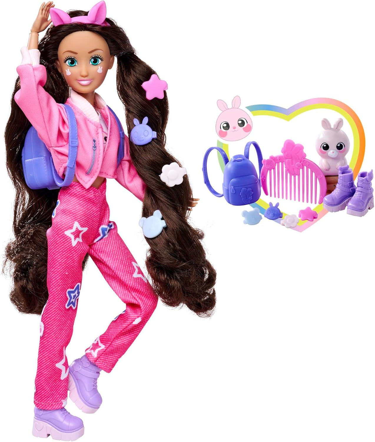 Simba 105953975 - Kawaii Hi Dress-Up Lucy Doll (26cm) - Ledad frisörmodedocka, långhårig kanindocka och tillbehörsleksak för 4 år och uppåt