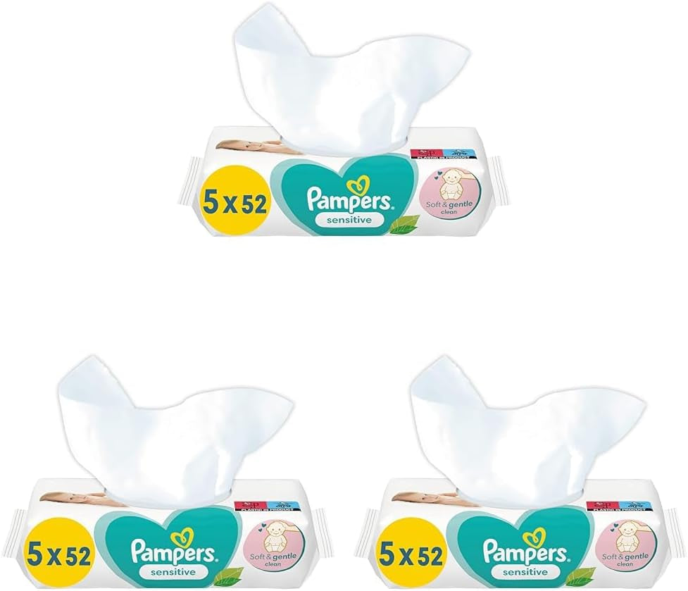 Känsliga våtservetter för baby, 260 våtservetter (5 x 52), parfymfria, för skonsam rengöring (förpackning med 3)