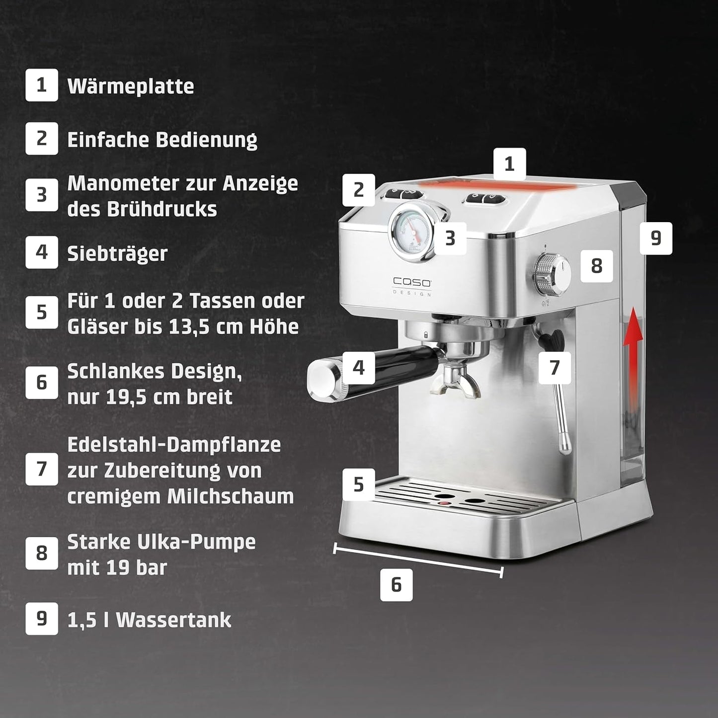 Caso Espresso Gourmet - Portafilter Espressomaskin i rostfritt stål, kraftfull 19 bars Ulka-pump, med mjölkskummare, för malet kaffe eller ESE-kaffekapslar, för 2 koppar, med koppvärmare