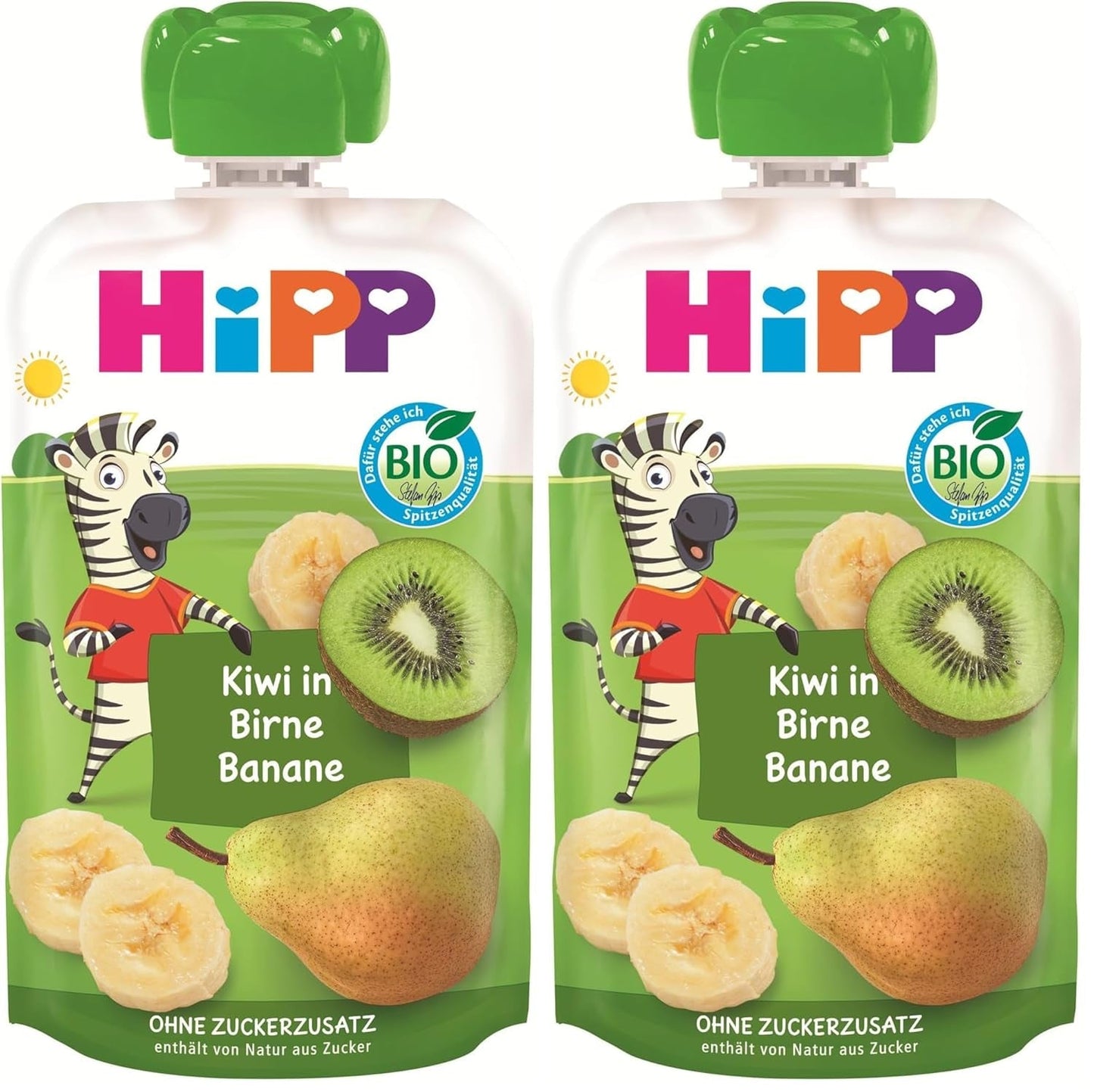 HiPP Bio Quetschie Kiwi i Birne-Banana - Charlie Zebra (8 x 100g), ca 1 Jahr, 100% Fruchtpüree, ohne Zuckerzusatz, vegan, i bättre Bio-Qualität (Packung mit 2)