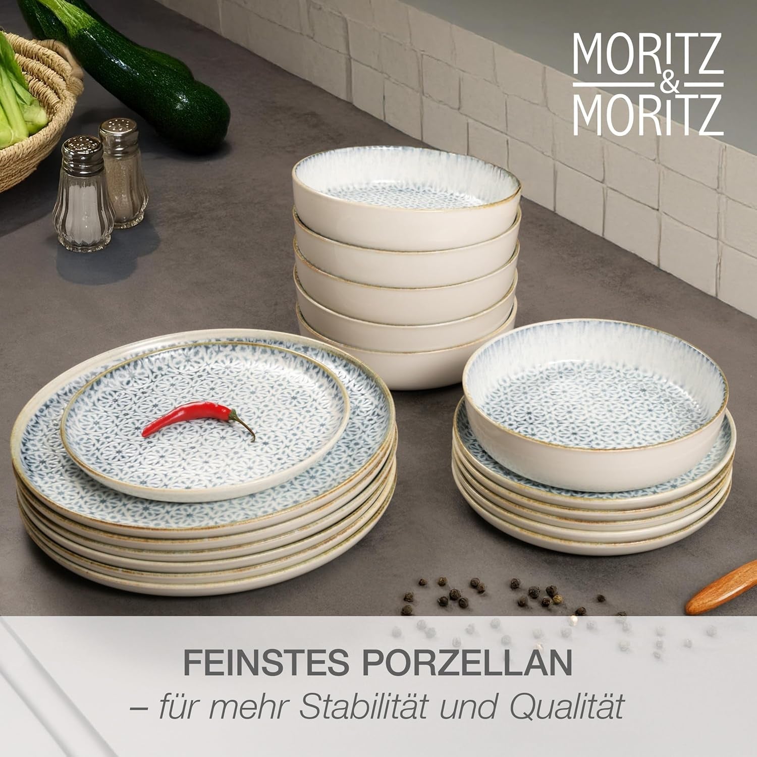 Moritz & Moritz ALHAMBRA servisset för 6, 18 delar, högkvalitativt porslin - modernt blått servis - lättskött set med 6 mattallrikar, 6 desserttallrikar och 6 skålar