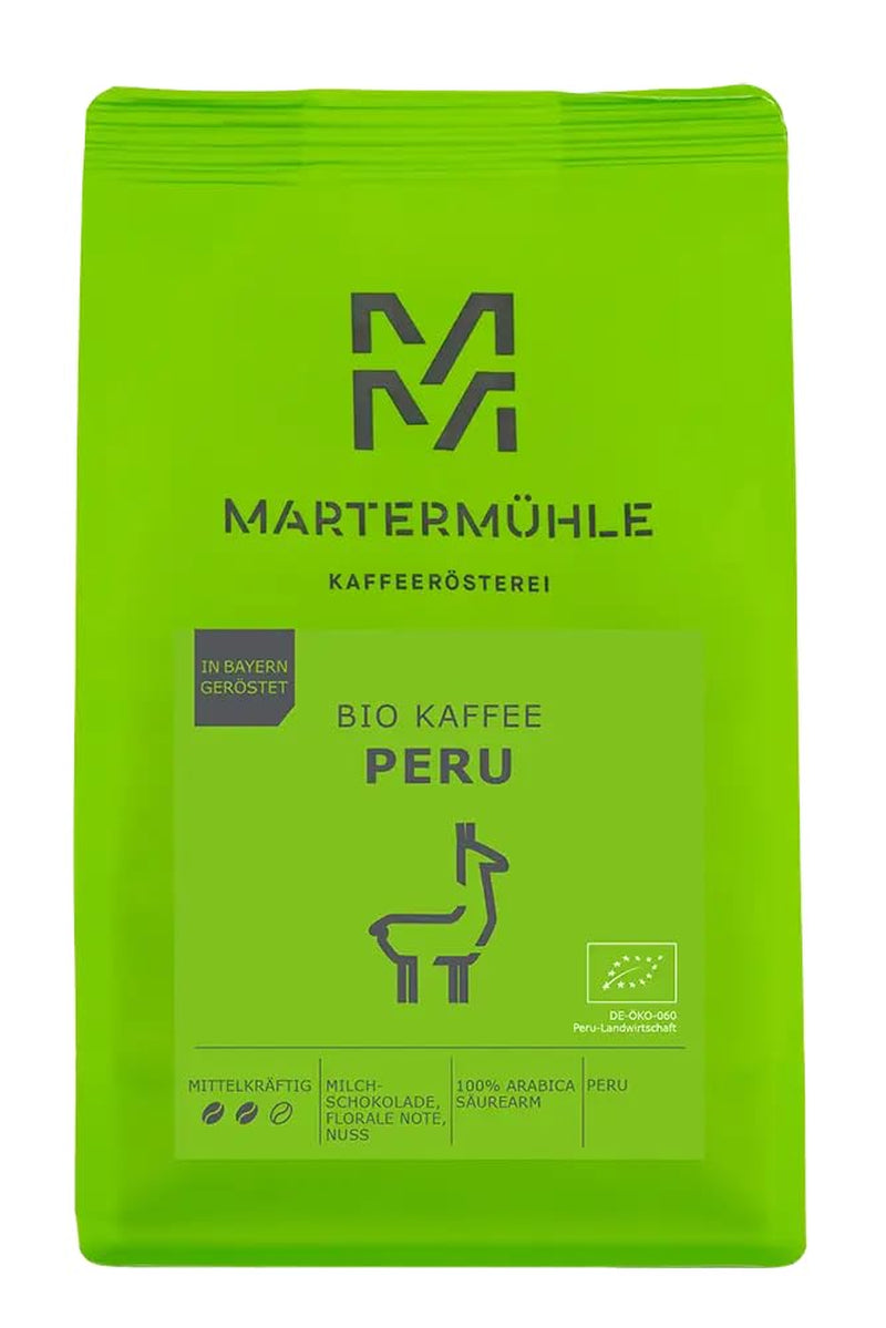 Martermühle Peru Bio Kaffeebohnen 1 kg mittelkräftig I Arabica I Arom: Mjölkchoklad, blommiga toner, nötter I Ganze Bio Kaffee-Bohnen schonend geröstet, säurearm