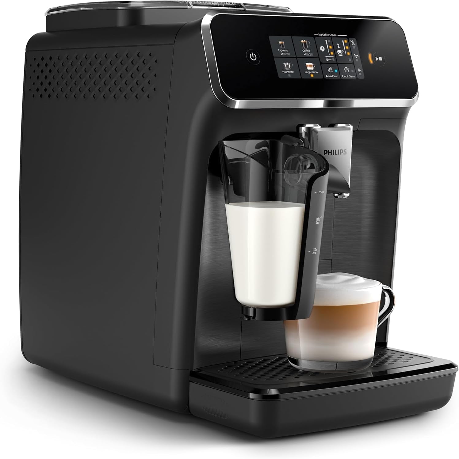 PHILIPS automatisk espressomaskin 2300-serien - 4 drycker, modern färgpekskärm, LatteGo mjölkberedningssystem, SilentBrew, 100% keramisk kvarn, AquaClean-filter. Mattsvart (EP2330/10)