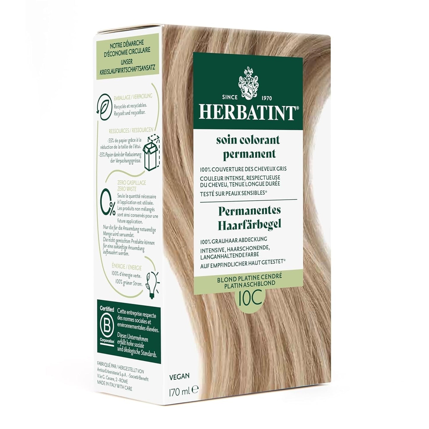 Permanent hårfärgsgel 6N mörkblond - 170 ml I ammoniakfri, 100 % grått hår I känslig hud testad, med 8 växtextrakt Naty Shop Hårfärgning 10C platinaaskblond