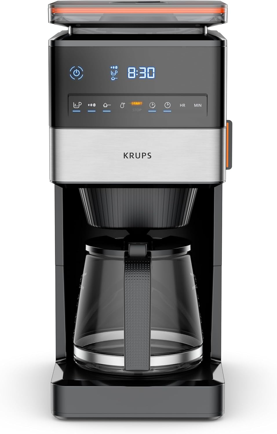 KRUPS Grind Aroma XL Espressobryggare, löstagbar konisk kvarn, Digital kontrollpanel, XL Kapacitet (1,5 L), Håll varm funktion, Glaskaraff, Svart/rostfritt stål, KM842810