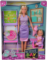 Simba Steffi Love School Day Teacher and Evi Student Dress Up Doll med svarta tavla, tre utbytbara svarta tavlor, stol med öppningsbord, 29 cm, åldrar 3+