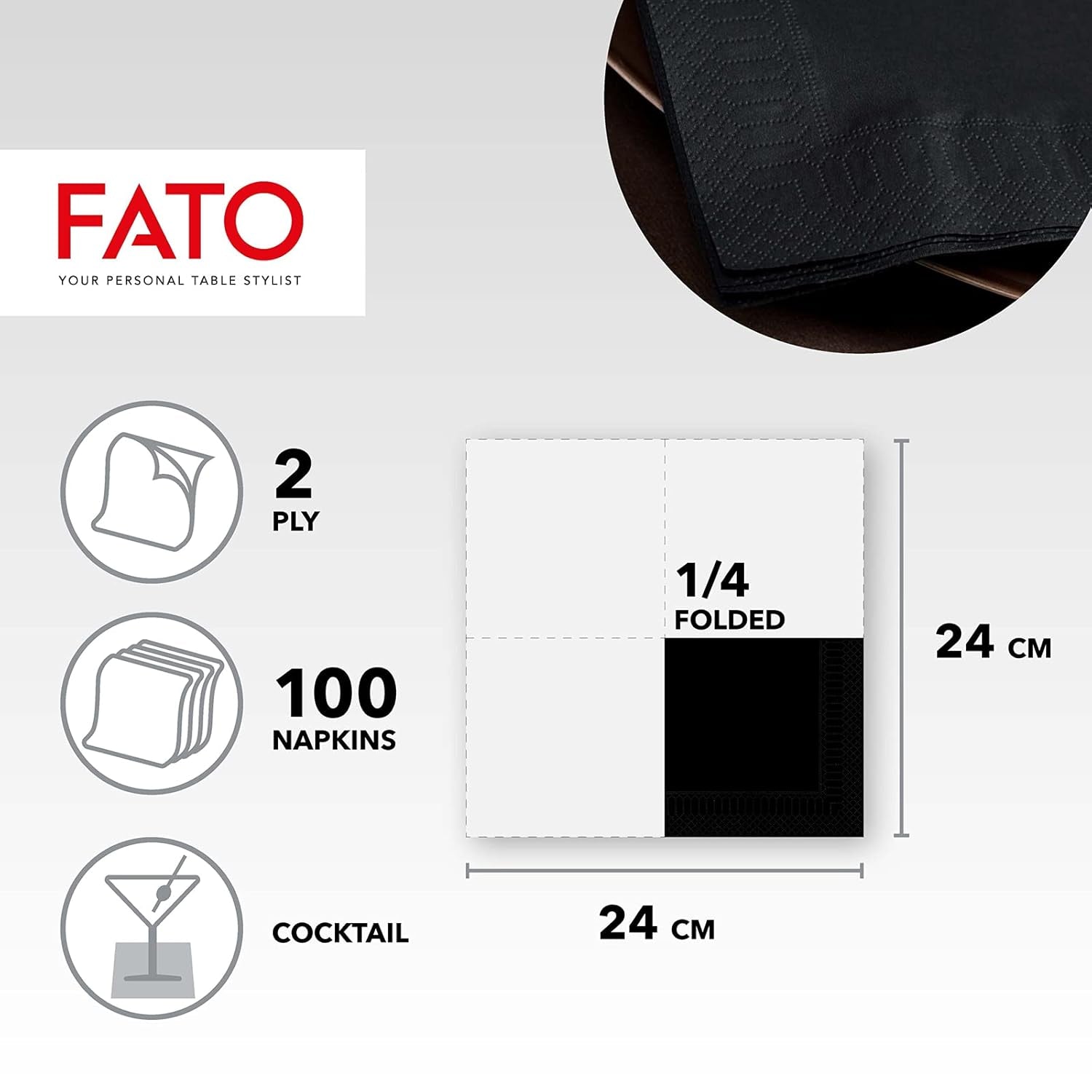 - Engångspappersservetter, idealiska för aptitretare och cocktails, förpackning med 100 servetter, storlek 24X24, 4-faldig, 2-lagers, svart färg, 100 % rent cellulosapapper, Fsc-certifierat