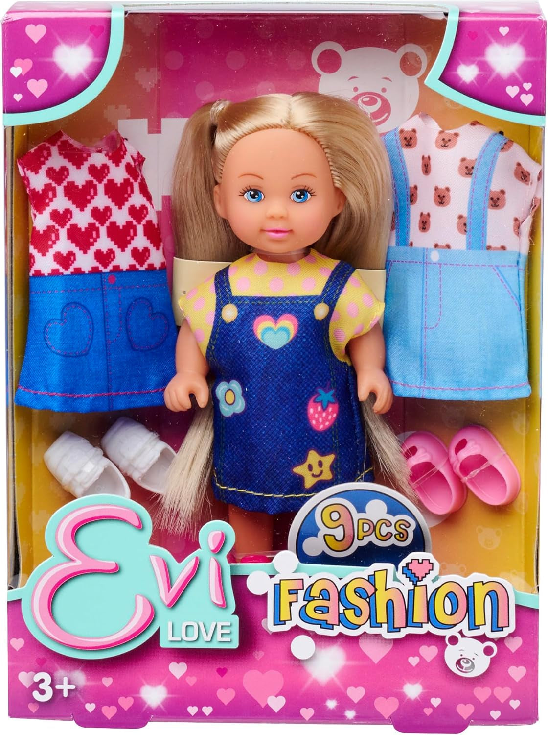 Simba Evi Love Fashion Doll bär en söt jeansklänning, inklusive två andra outfits med bedårande tryck och sneakers, 12 cm, åldrar 3+