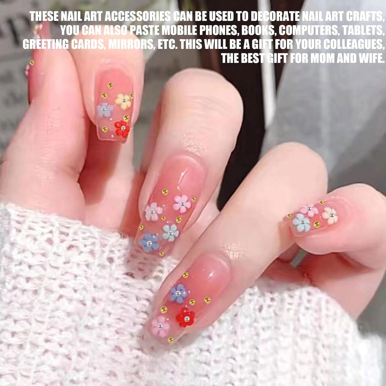 3D-blomma nagelberlocker, 12 rutnät akryl harts blomma och guld silverpärlor nagelstenar, blomgel naglar, blom nagel dekorationer för kvinnor och flickor, DIY manikyr tillbehör