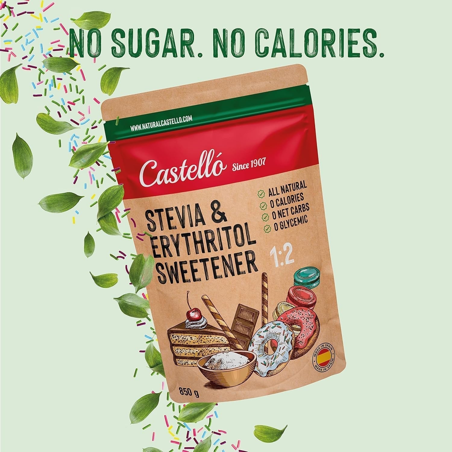 Stevia + Erythritol 1:2 Süßstoff | 1G = 2G Zucker | 100% Natürlicher Zuckerersatz - 0 Kalorien - 0 Glykämischer Index - Keto Und Paleo - 0 Netto-Kohlenhydrat - Kein GVO - Castello sedan 1907 - 850 G Sweeteners Naty Shop