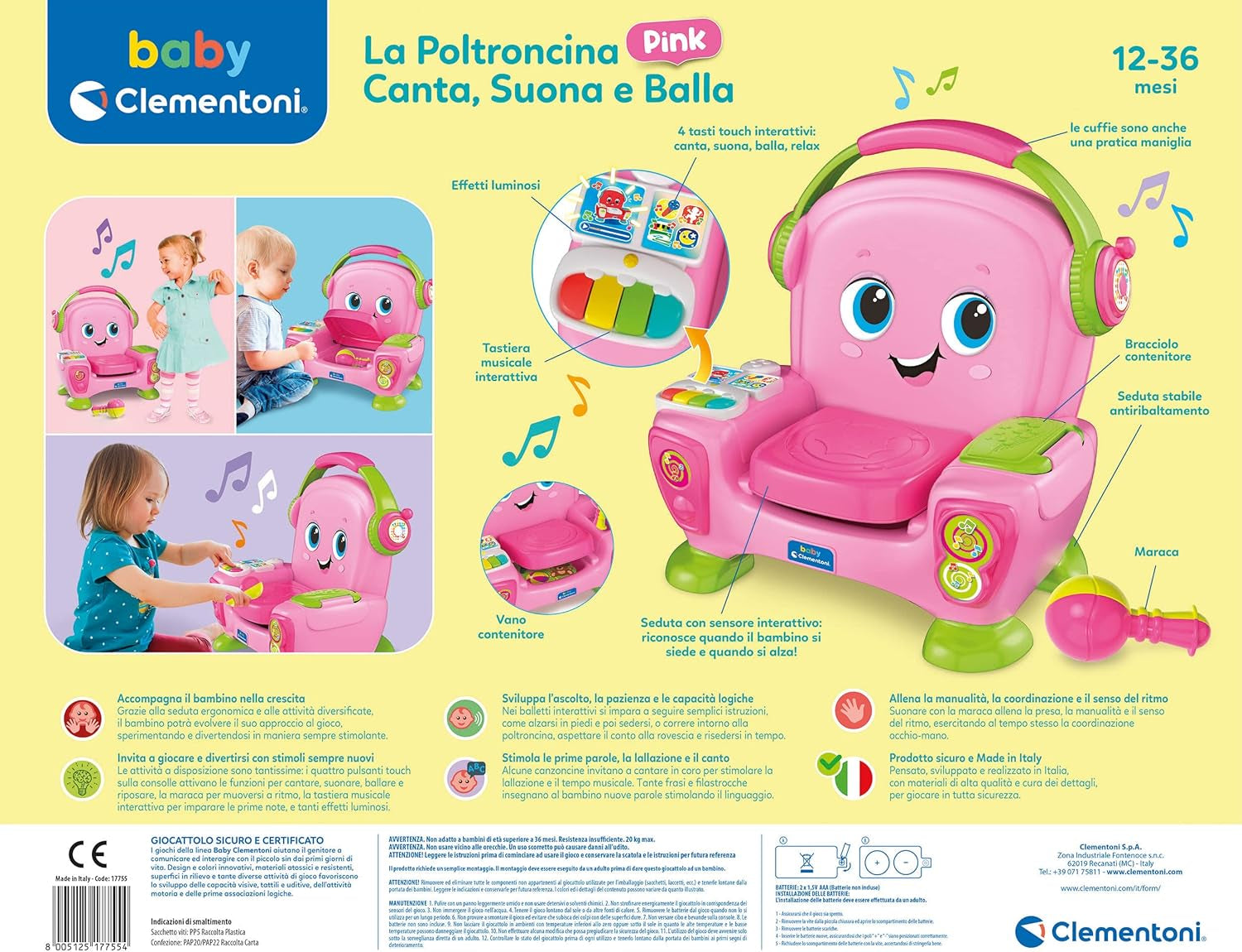 Clementoni 17755 Sångfåtölj med rosa ljud och dans - interaktiv och multifunktionell fåtölj för barn på italienska, leksak 1 år - Tillverkad i Italien, flerfärgad Toys Bebe Naty Shop