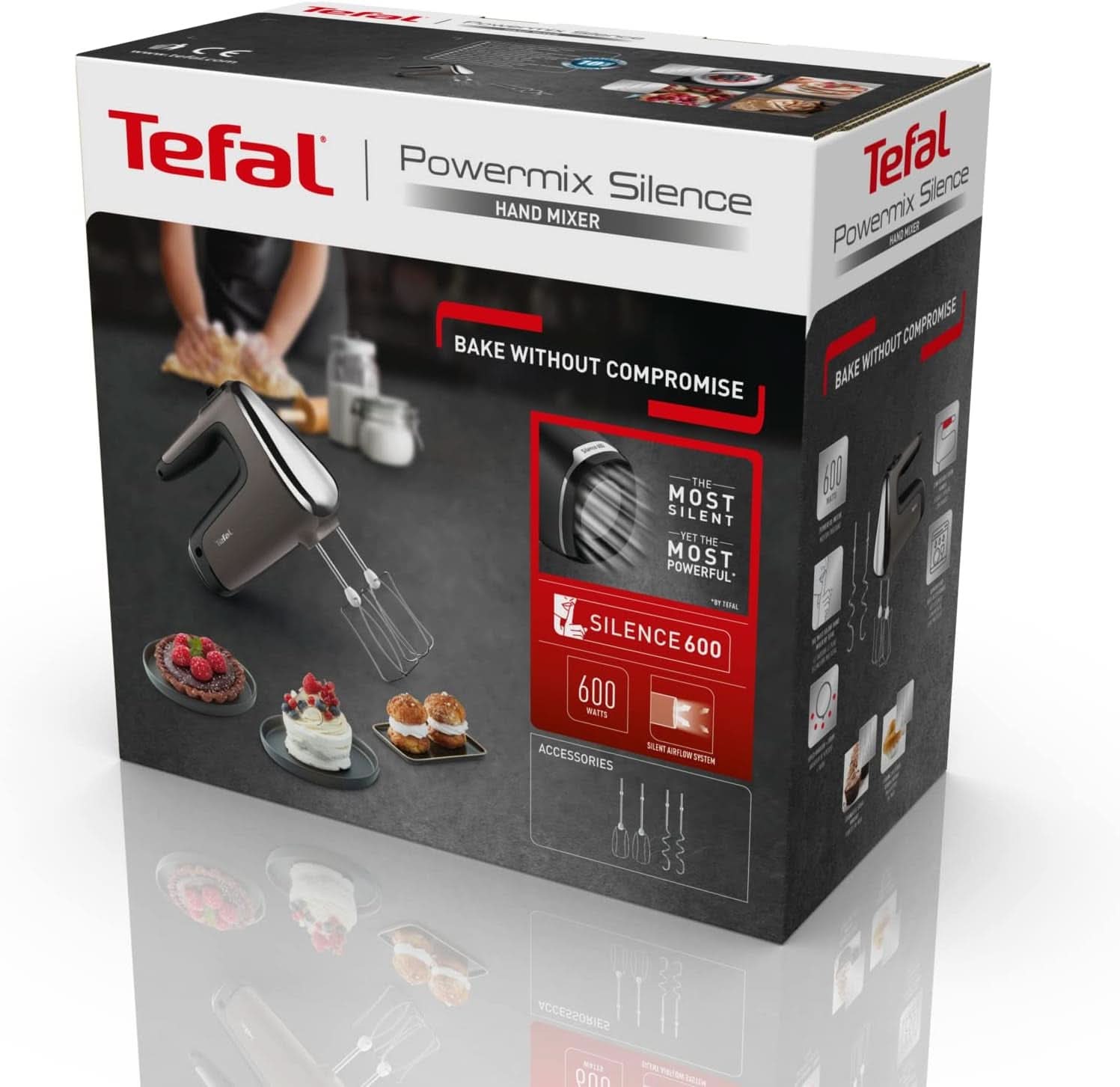 Tefal HT650E Power Mix Silence Handmixer | 600 Watt | Variabel hastighetsregulator | Turbo-Und Auswurf-Funktion | Extreme Leisure Engine | Inkl. 2 Rührbesen Und 2 Knethaken | Wheat Kitchen Naty Shop