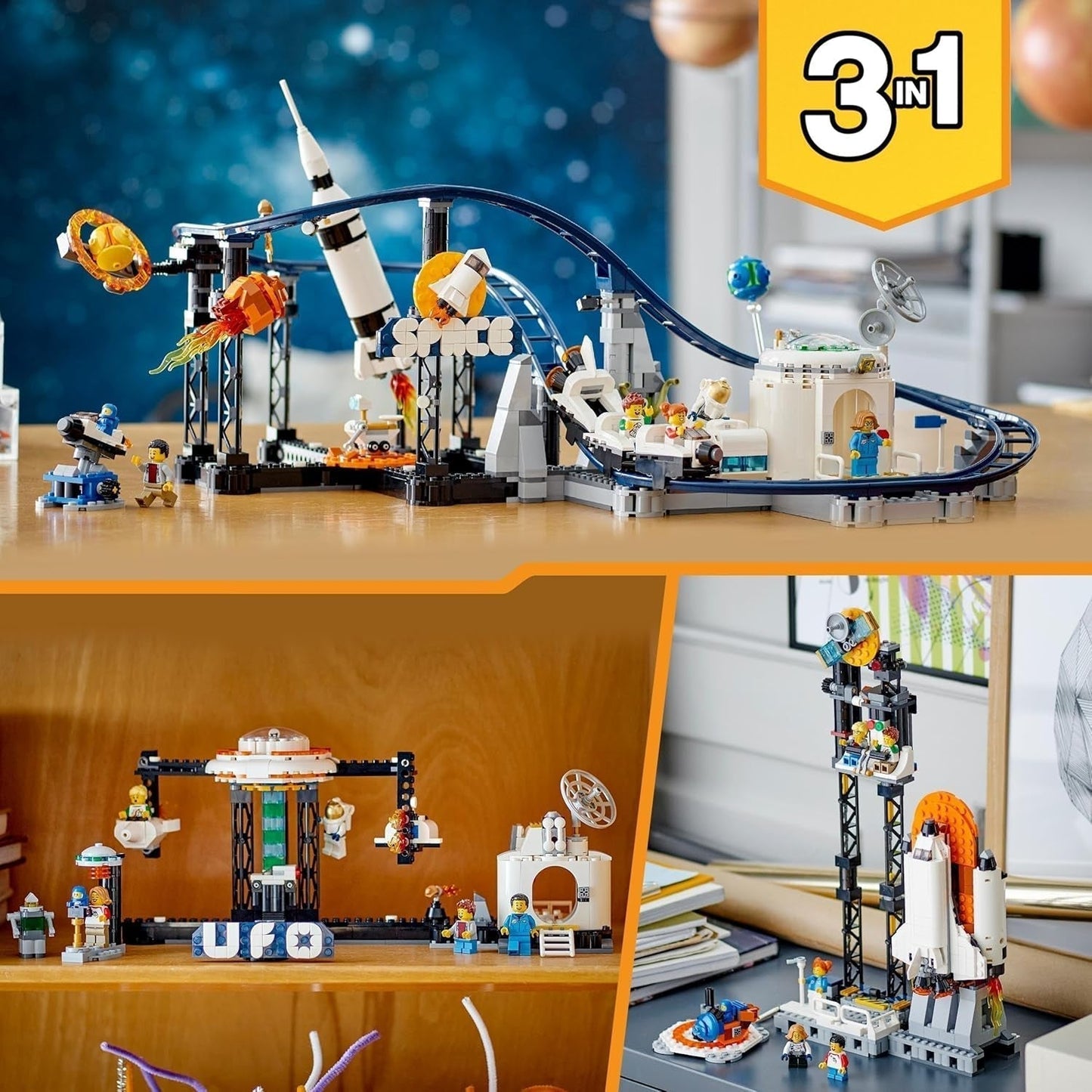 LEGO 31142 Creator 3-i-1 Space Rollercoaster Toy Kit för barn med vagnar, konverteras till ett frittfallstorn eller karusell med raketer och glödande klossar Byggset Besuche den LEGO-Store