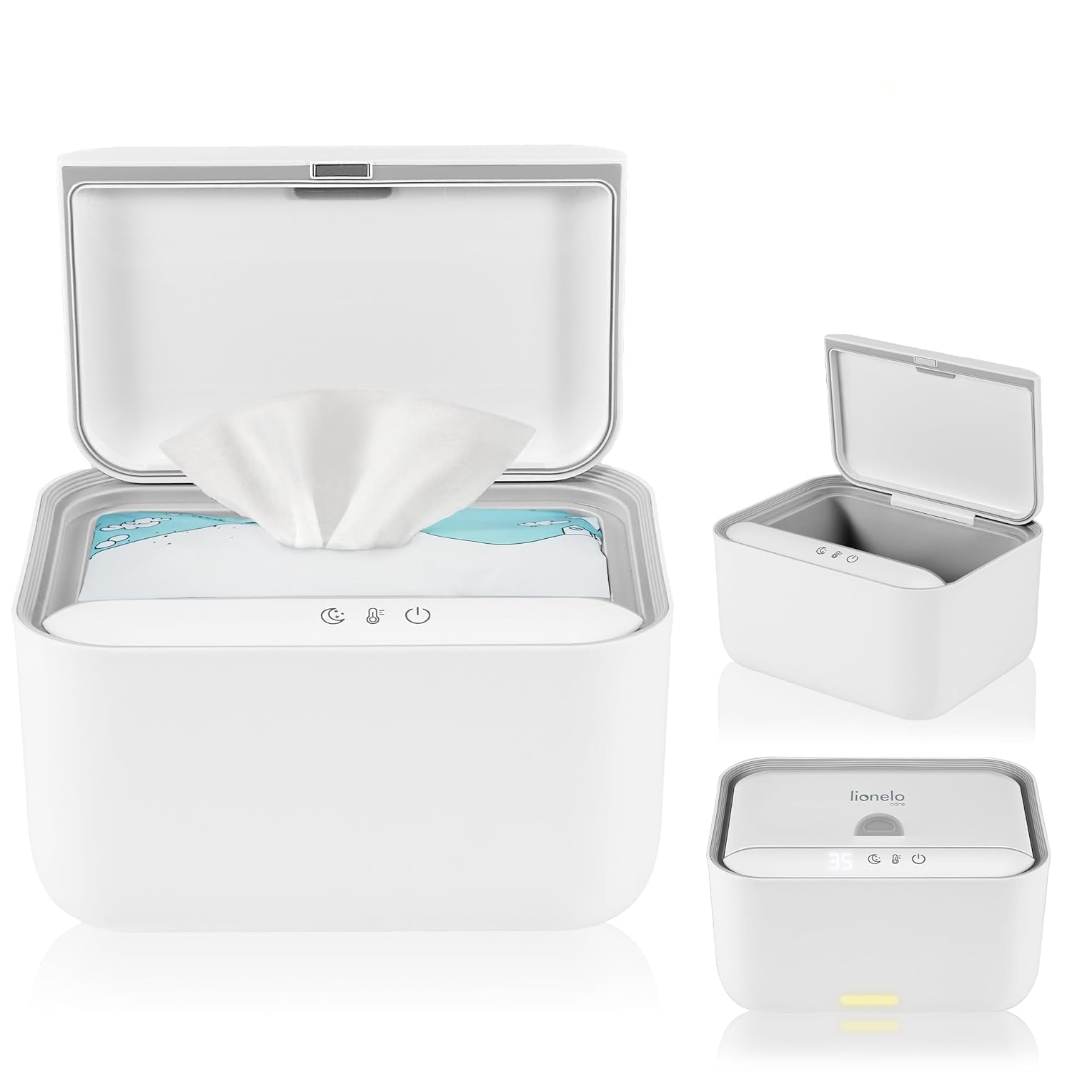 Lionelo BABYBLISS 20W Värmare för våtservetter och små handdukar, 20W för spädbarn, inbyggt nattljus, 3 värmeinställningar, pekskärm, håller våtservetterna fuktiga