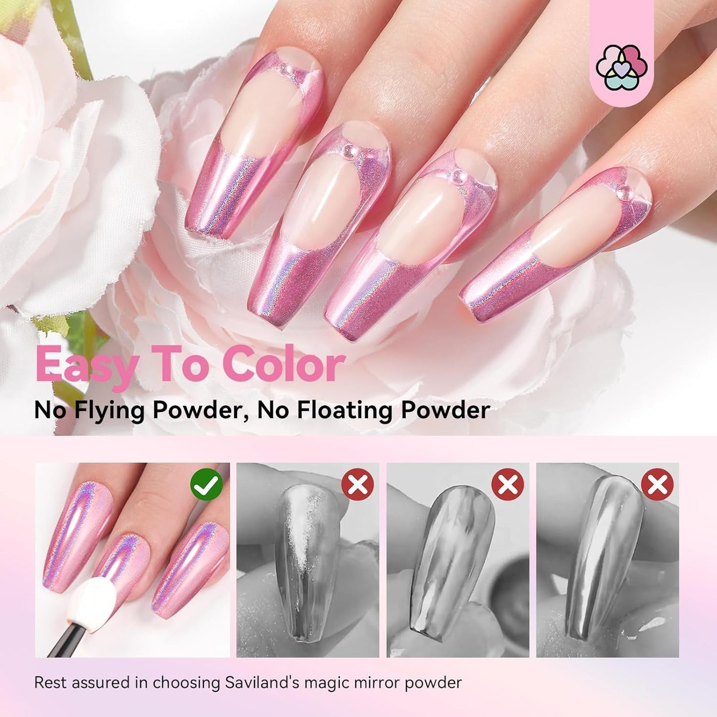 Saviland Chrome Nail Powder Set - Pink Laser Chrome Nail Powder Mirror Effect Laser Nail Art, Nail Glitter Manikyr Dekorativt pulver med svamppinnar, Nail Glitter Powder Nagelsalong