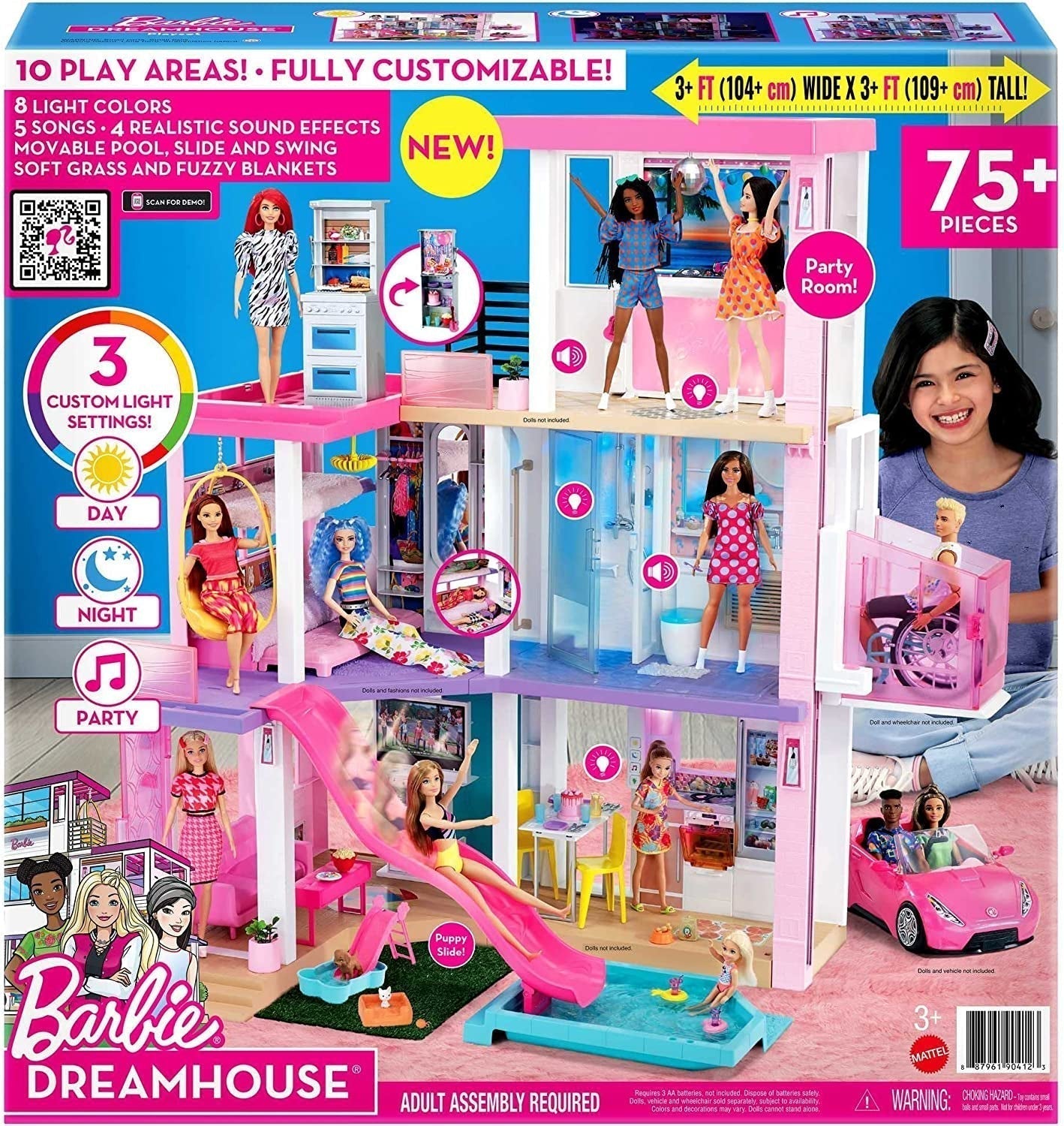 Barbie Dream House (114 cm), 3-vånings dockhus, pool, rutschkana, rullstolslift, 75 tillbehör, dockor, lämplig som present till barn från 3 år och uppåt, GRG93 Naty Shop Doll Houses