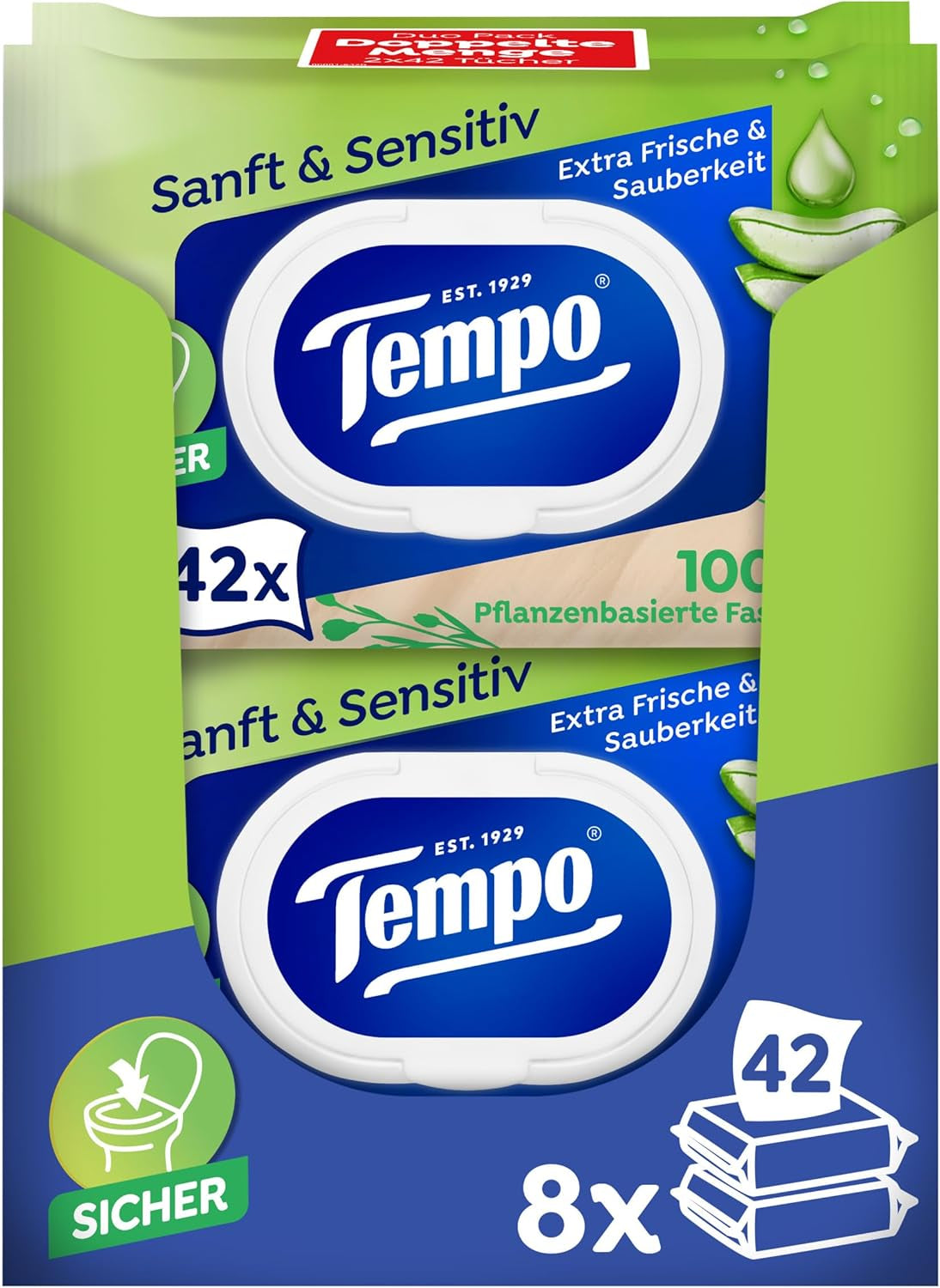 Tempo ''Gentle & Sensitive'' våttoalettservetter - Megapack - 16 paket med 42 våtservetter vardera - Duo Pack - Natural Aloe Vera - Hygieniskt papper, dermatologiskt testat, hudneutralt