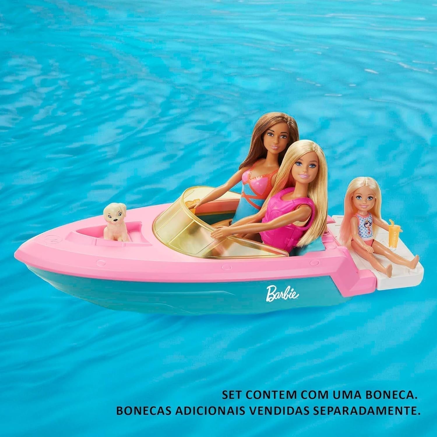 Barbie Speedboat Set, Barbie Doll med blont hår, Rosa flytväst, Båt, Valp, Tillbehör, Presenter för 3+, Grg30 Naty Shop Dolls
