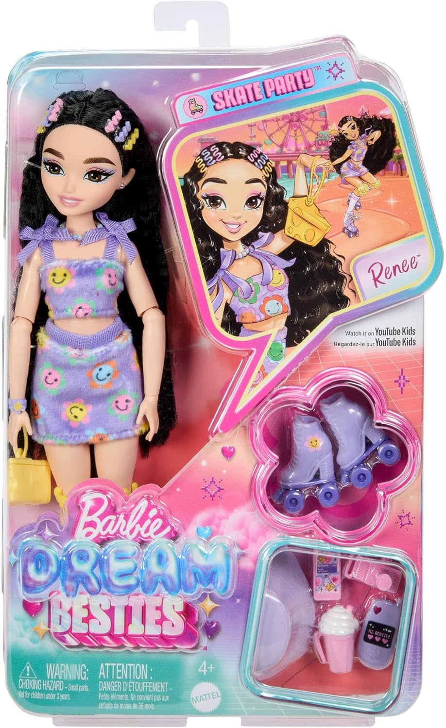 Dream Besties Barbie Doll och tillbehör, Mode Barbie Renee Doll med rullskridskor och svart hår, 12 tillbehör med teman med videor och mat, JFX99
