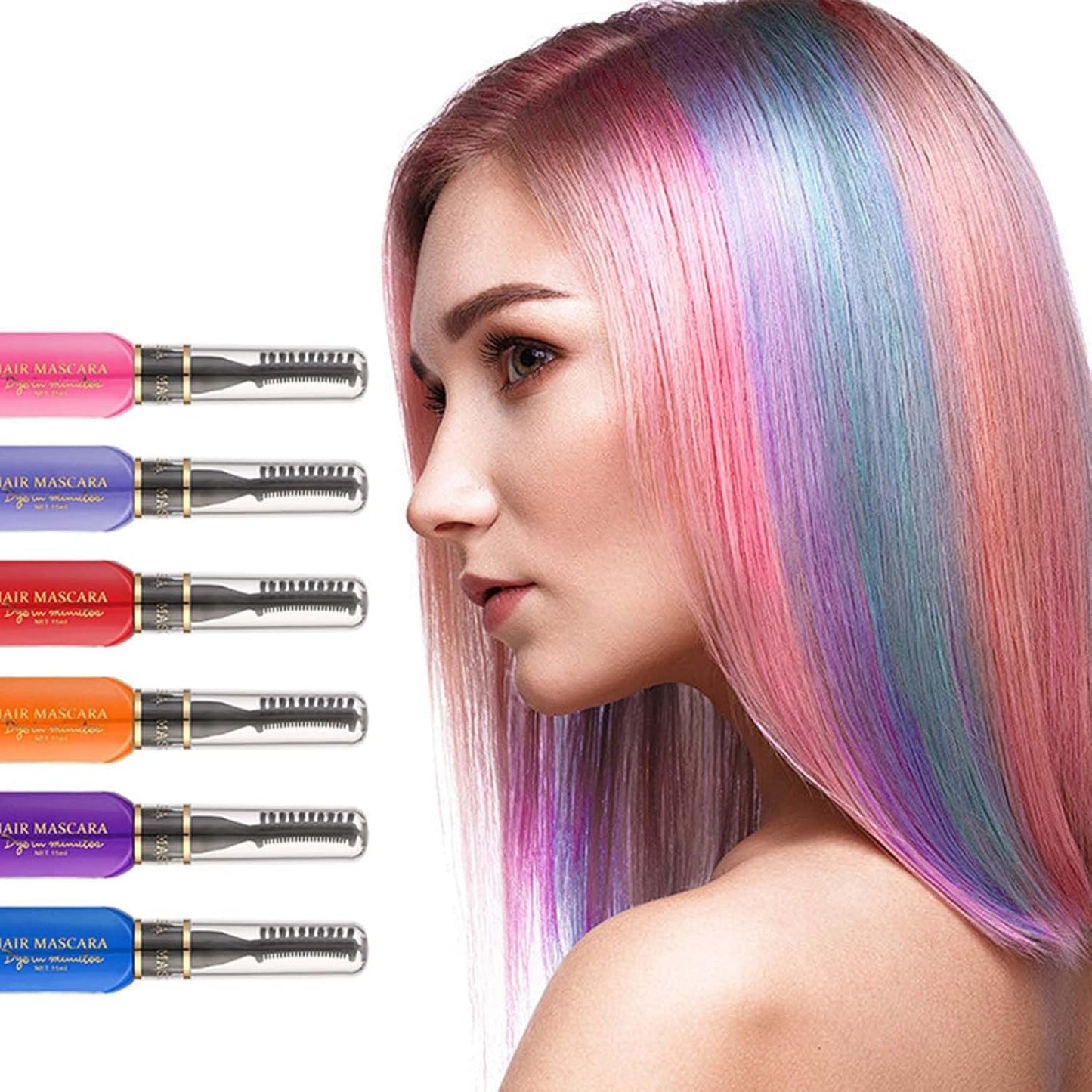 Instant Hair Dye 6 Colors Temporary Hair Mascara för flickor och kvinnor Tvättbart hår Krita Rainbow Hair Mascara Hårfärgning för Carnival Halloween Cosplay Party Födelsedag (A) Naty Shop Hårfärgning